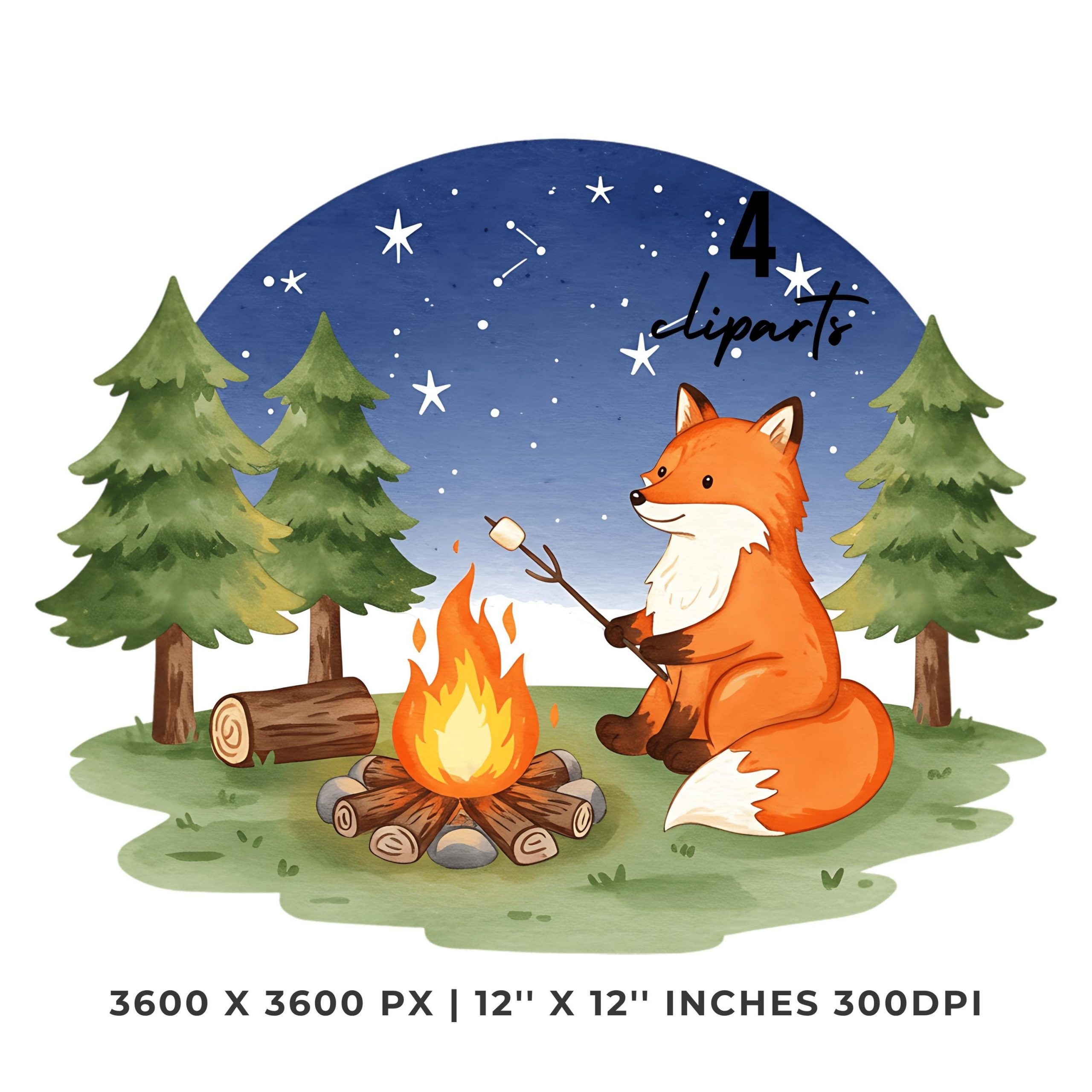 Summer Fox Clipart PNG | 4 Watercolor Fox roasting marshmallows over a small campfire under the star, Sublimation Transparent Commercial Use – Instant Digital Download