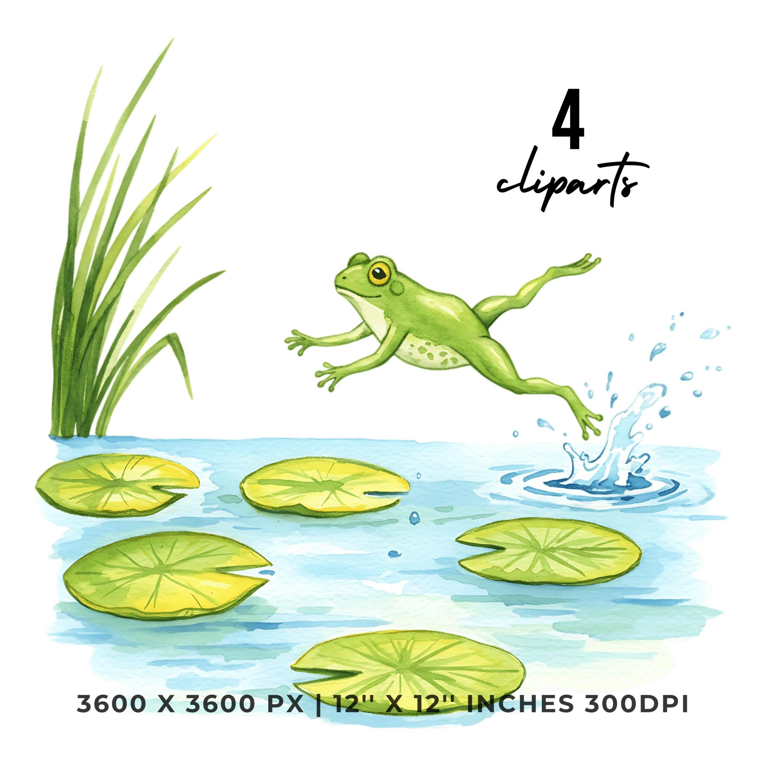 Summer Frog Clipart PNG | 4 Watercolor Frog jumping between lily pads in a sunny pond | Sublimation Transparent Commercial Use – Instant Digital Download