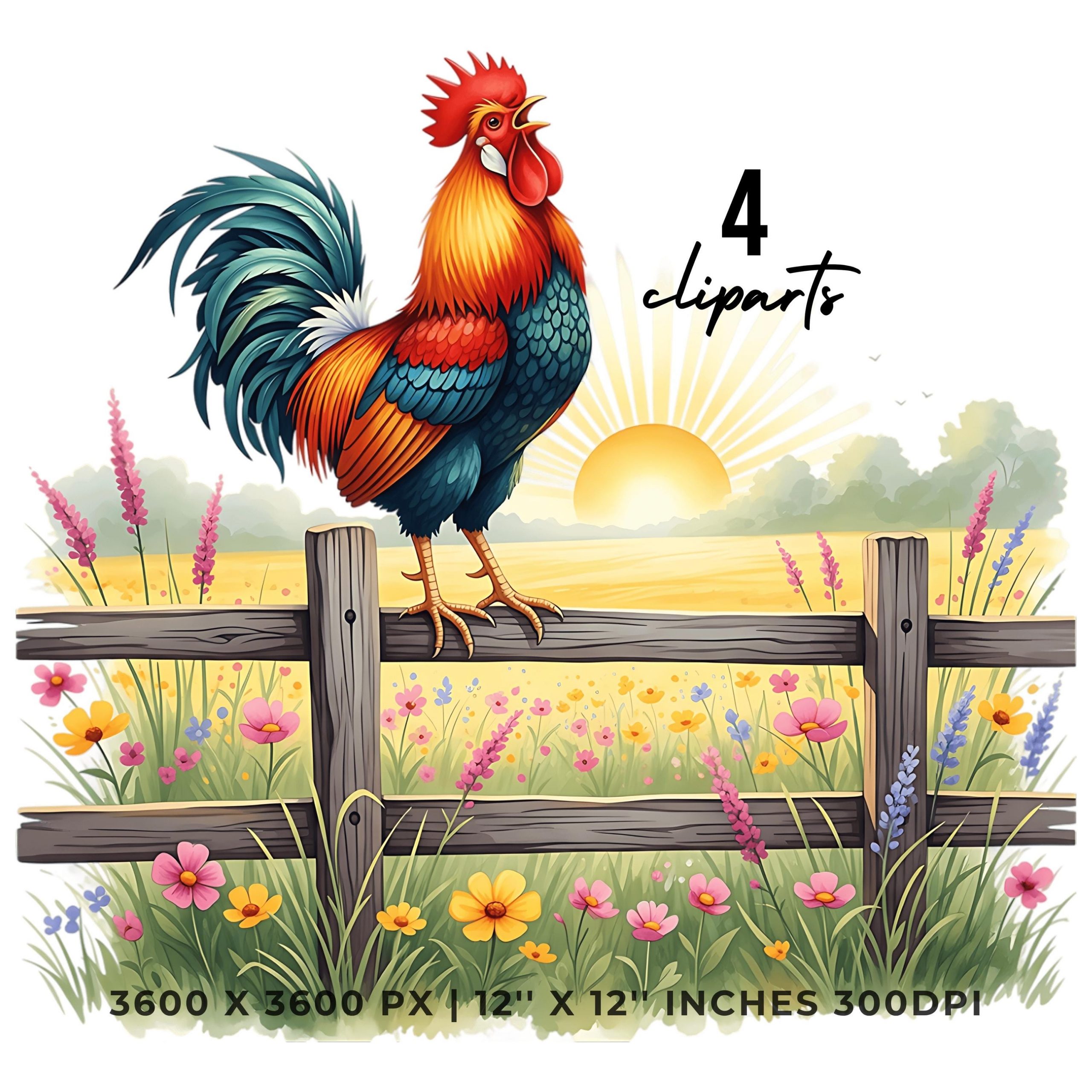 Summer Rooster Clipart PNG | 4 Watercolor Rooster Crowing at Sunrise on a Farmhouse Fence, in Summer Fields | Sublimation Commercial Use – Instant Digital Download
