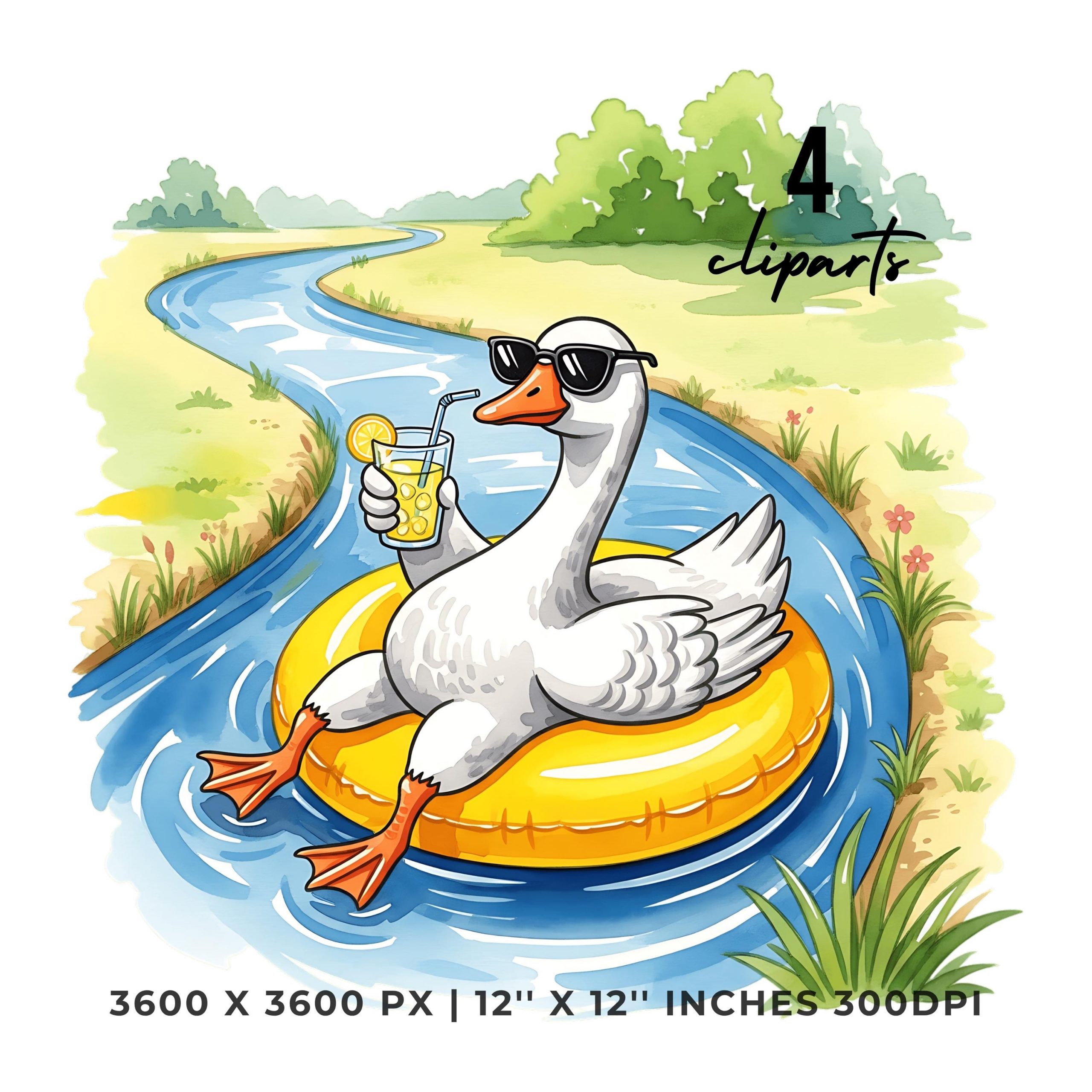 Summer Goose Clipart PNG | 4 Watercolor Goose floating down a lazy river on an inflatable tube with sunglasses and lemonade | Commercial Use – Instant Digital Download