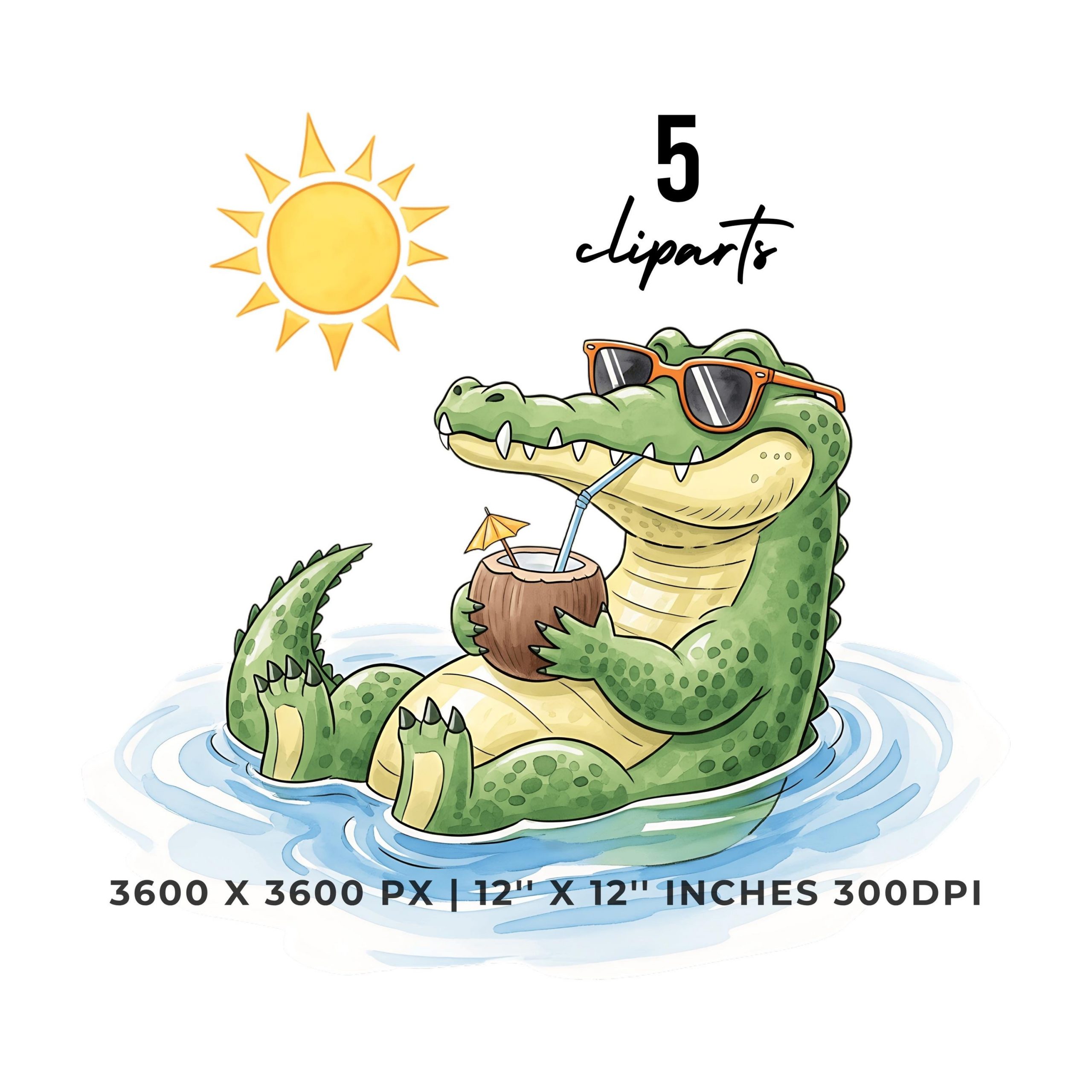 Summer Crocodile Clipart PNG | 5 Watercolor Crocodile floating in a river under the sun, with sunglasses & sipping coconut juice | 5 Designs – Instant Digital Download