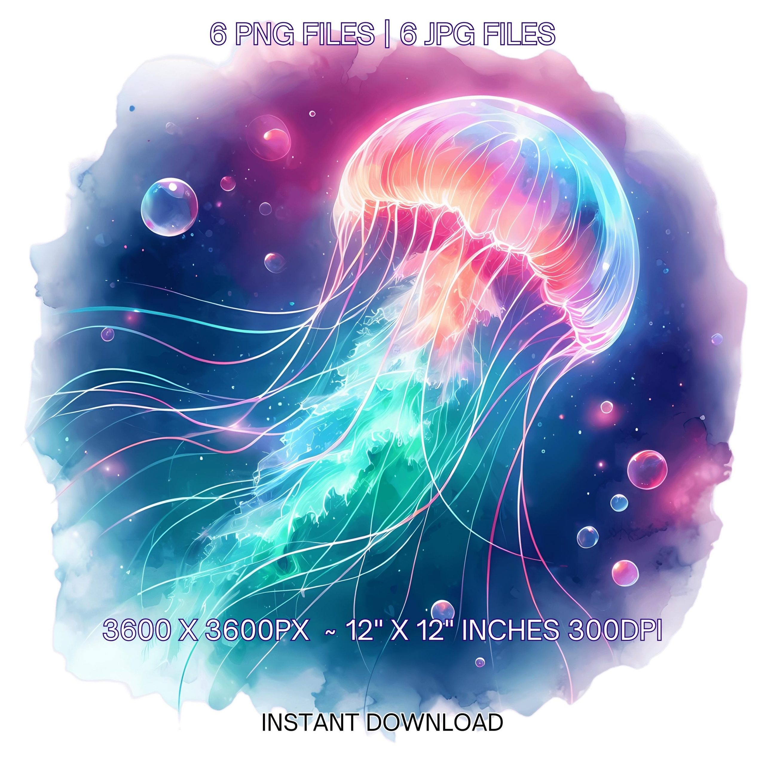 Jellyfish Clipart PNG | 6 Watercolor Jellyfish floating Gracefully in neon-colored currents & dreamy underwater | Sublimation Commercial Use – Instant Digital Download