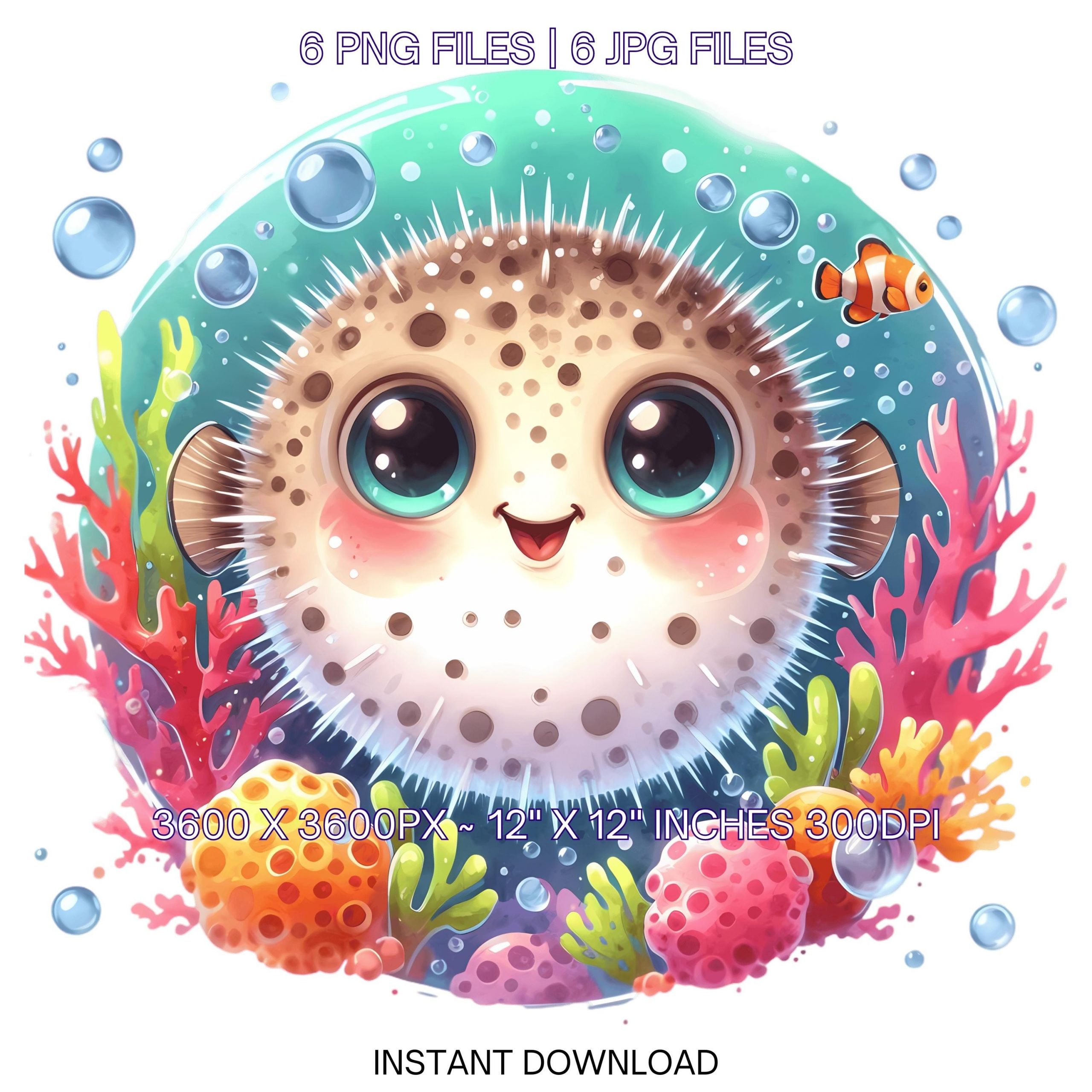 Pufferfish Clipart PNG | 6 Watercolor, wide-eyed pufferfish, surrounded by tiny bubbles, and corals | Sublimation Transparent Commercial Use – Instant Digital Download
