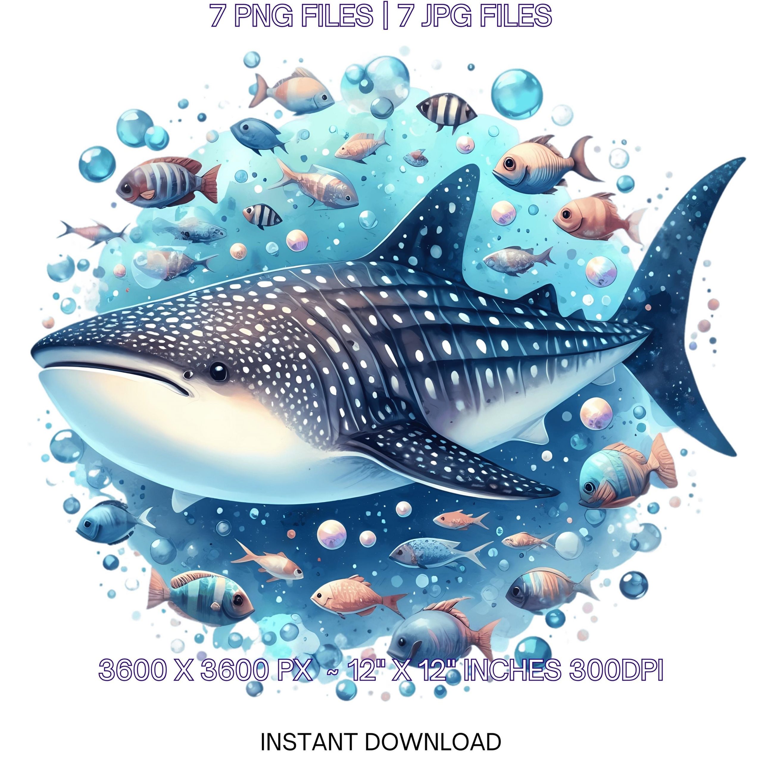 Shark Swimming Clipart PNG | 7 Watercolor Whale Shark swimming with fish schools, bubbles, & spots  | Sublimation Transparent Commercial Use – Instant Digital Download