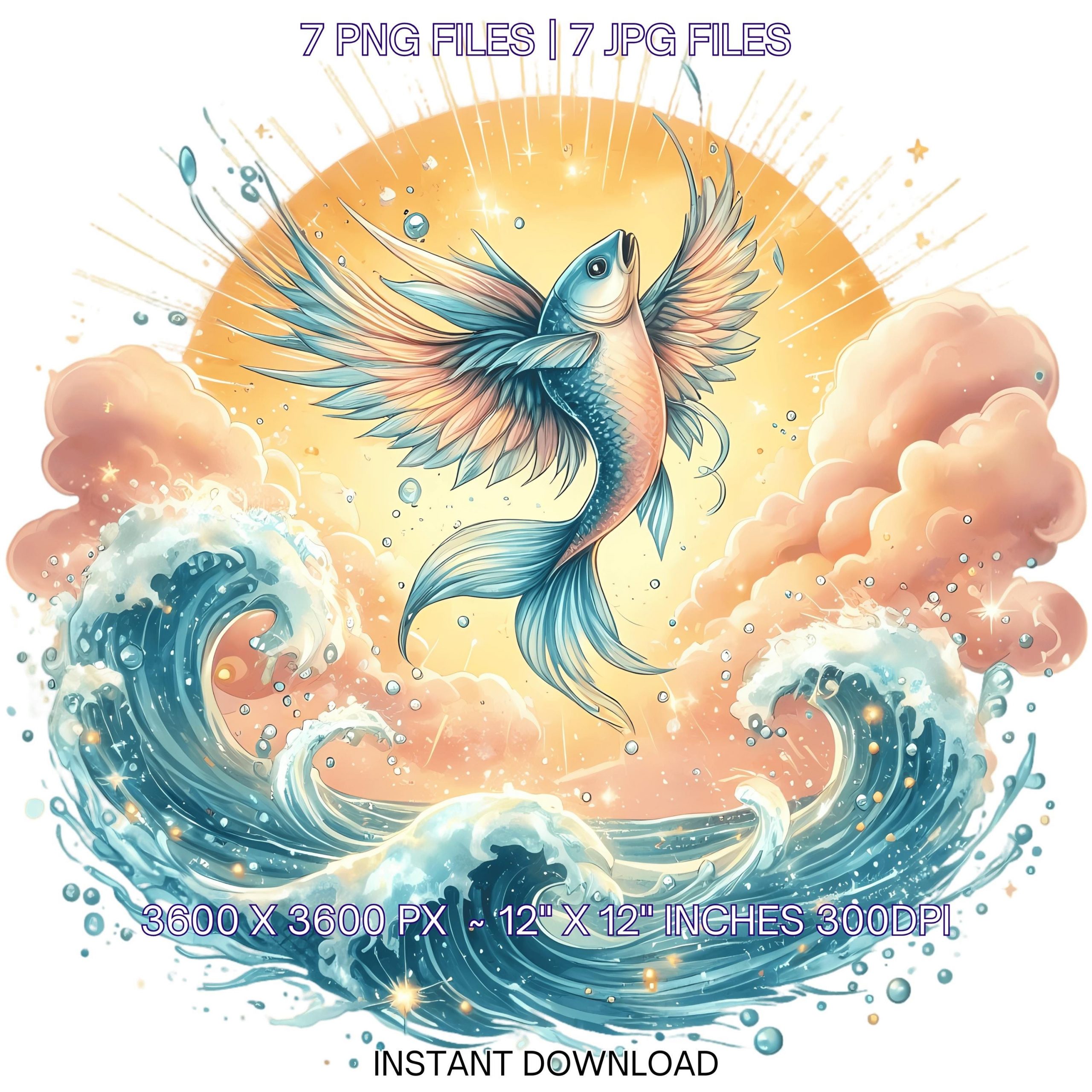 Underwater Flying Fish Clipart PNG | 7 Watercolor Flying Fish leaping out of sparkling waves | Sublimation Transparent Commercial Use – Instant Digital Download