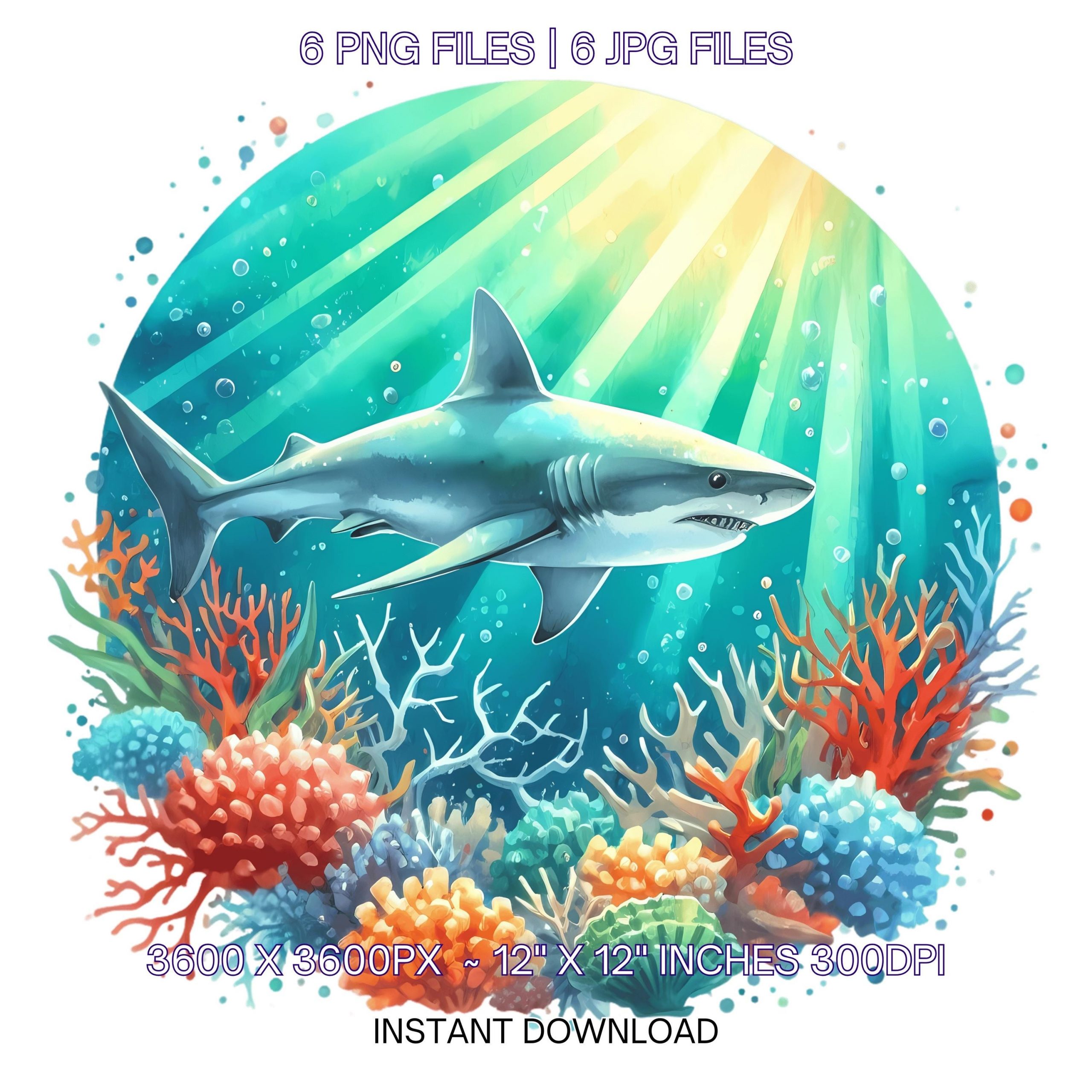 Underwater Shark Clipart PNG | 6 Watercolor Swift Reef Shark cruising near coral reefs with turquoise waters  | Sublimation Commercial Use – Instant Digital Download