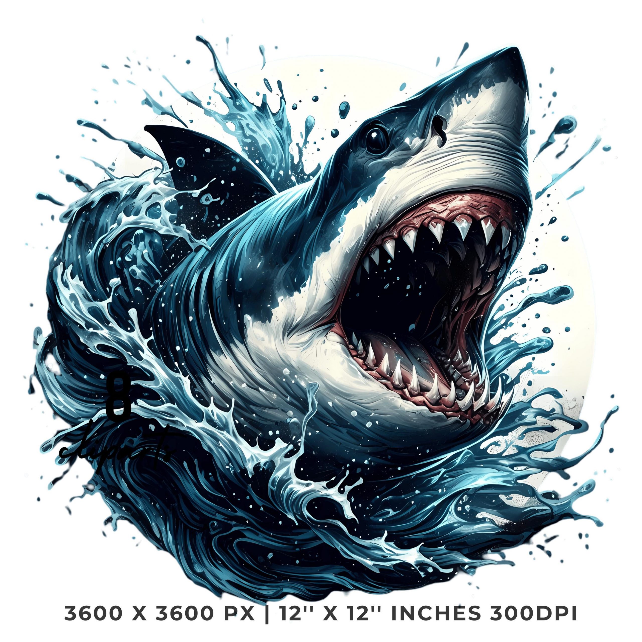 Ferocious Shark Clipart PNG | 8 Watercolor Ferocious White Shark Bursting from Dark Water | Underwater Sublimation Commercial Use – Instant Digital Download
