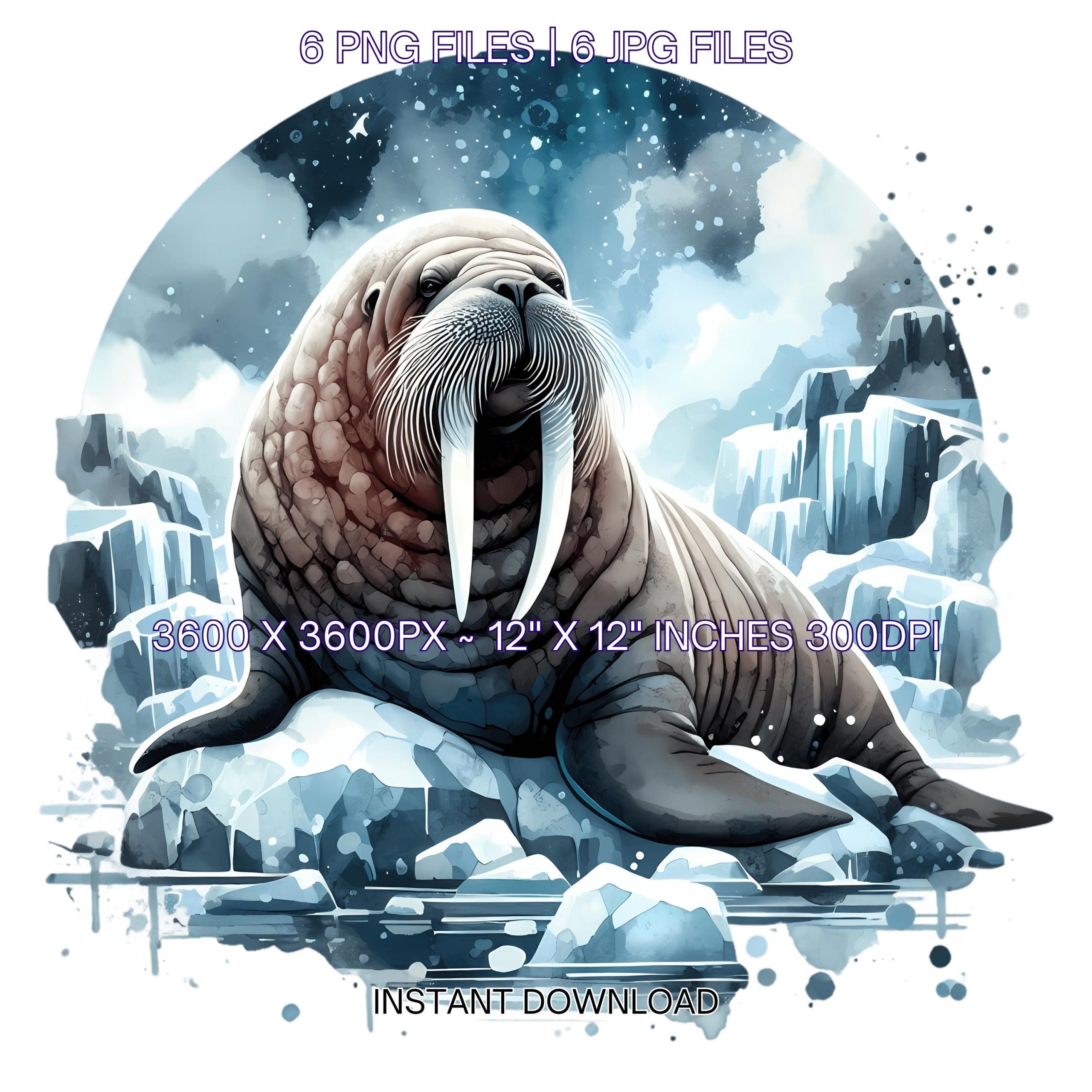 Walrus Clipart PNG | 6 Watercolor Walrus lounging on Arctic rocks with big tusks, surrounded by icy and ocean | Sublimation Commercial Use – Instant Digital Download