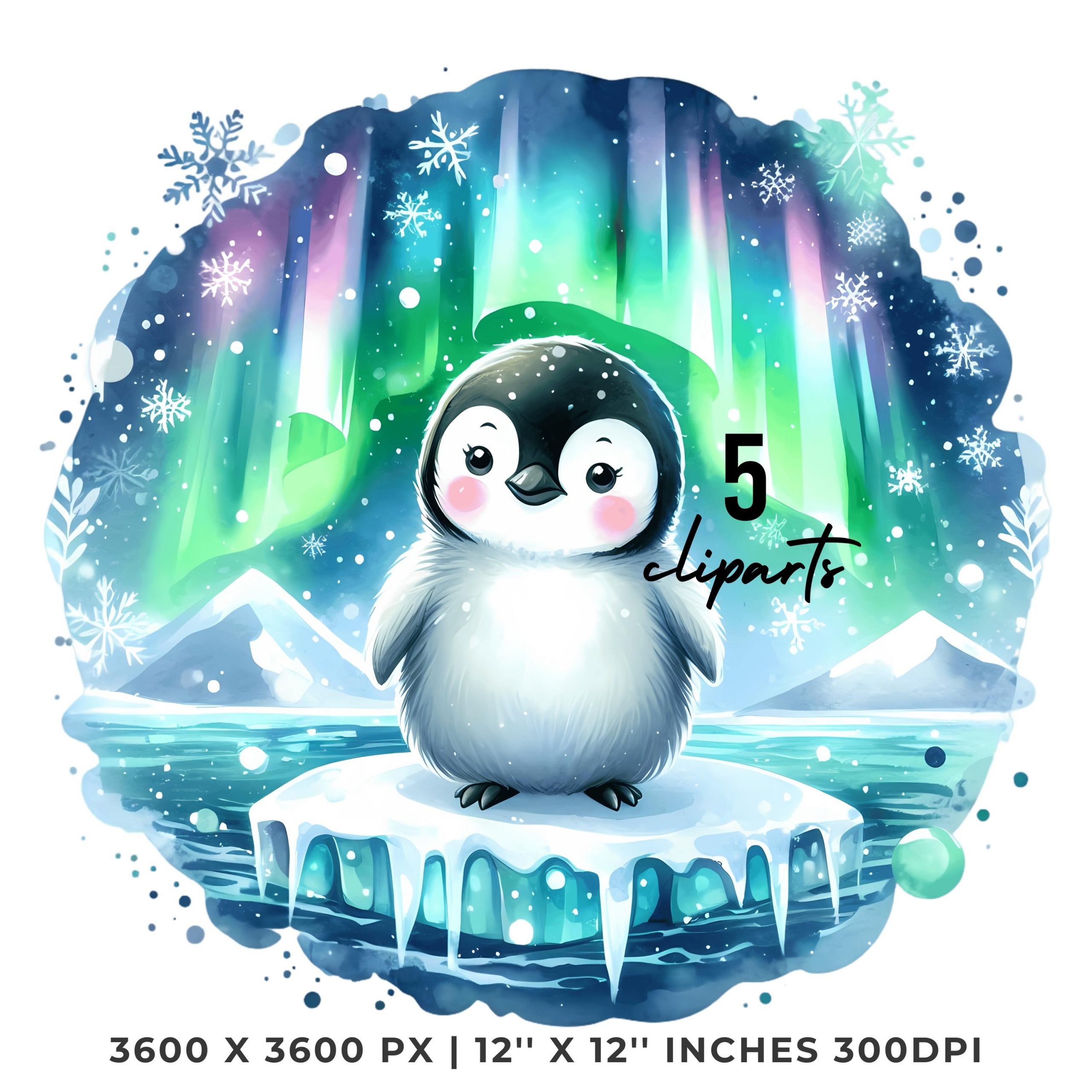 Penguin Clipart PNG | 5 Watercolor Cute penguin standing on an Icy Floe with Snowflakes and Aurora Borealis | Sublimation Commercial Use – Instant Digital Download