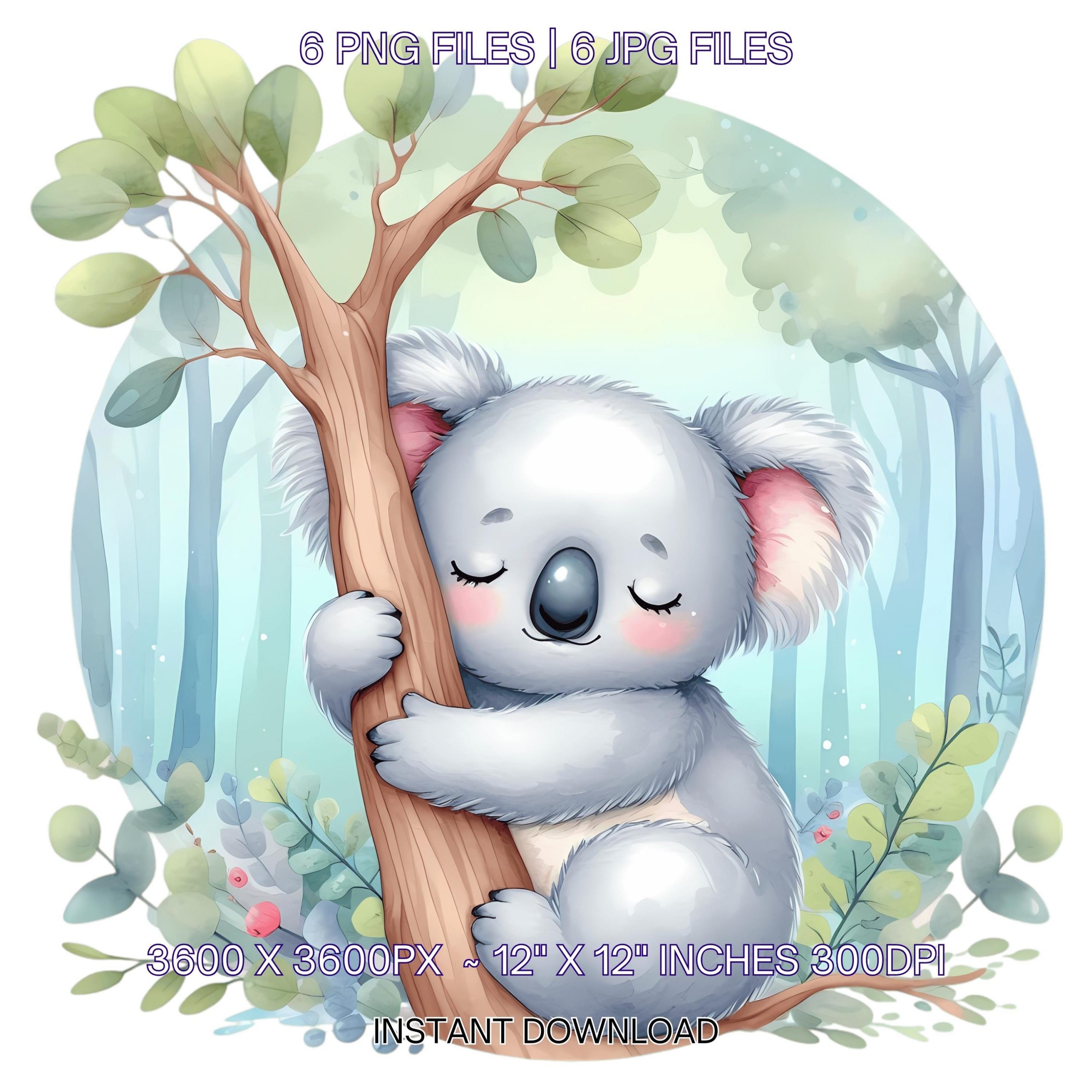 Koala Clipart PNG | 6 Watercolor Sleepy Eyes, Sweet Koala hugging a eucalyptus tree in a pastel forest | Wildlife Sublimation Commercial Use – Instant Digital Download