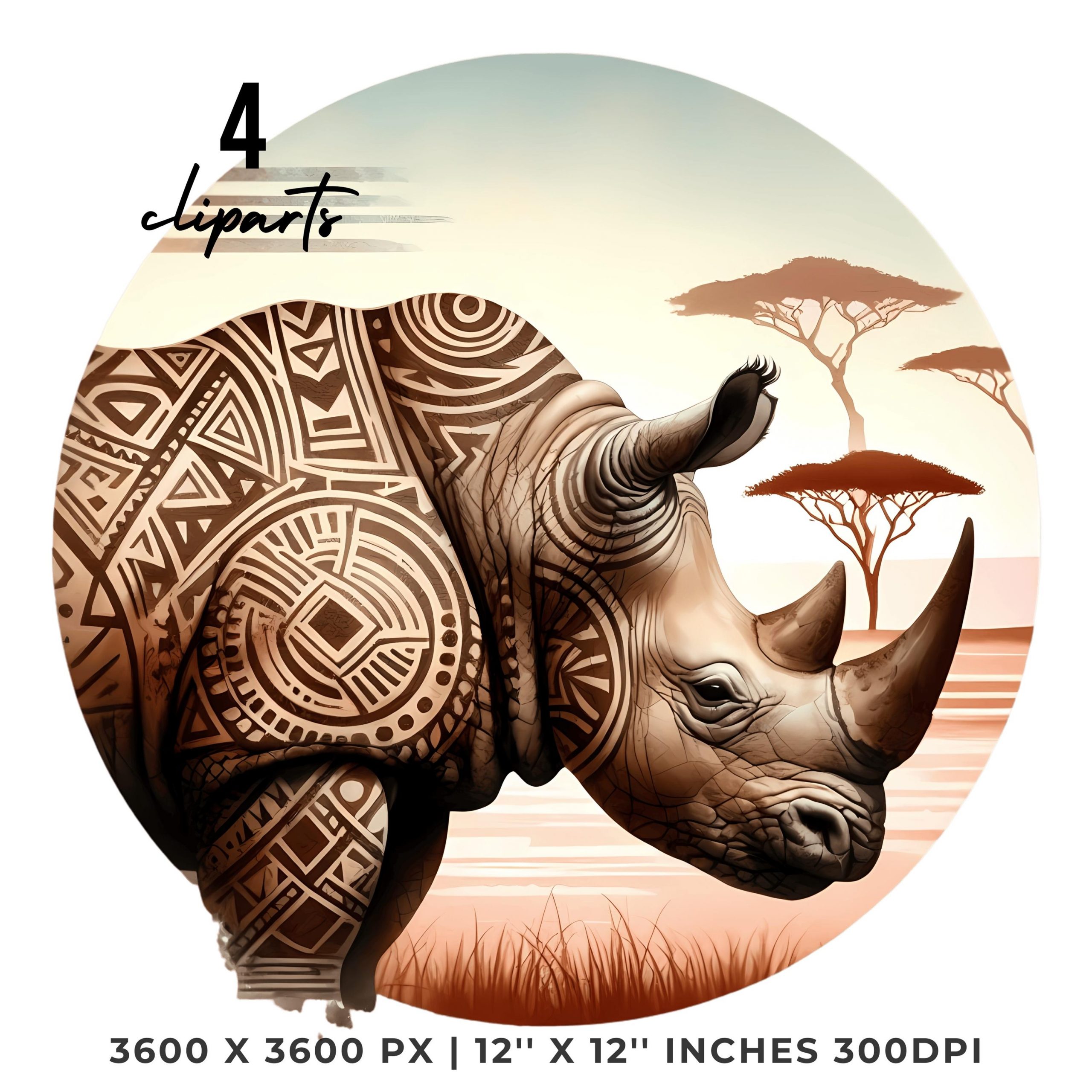 Rhino Clipart PNG | 4 Watercolor Rhino’s Skin with Tribal Designs and a Savanna Background | Wildlife Clipart | Sublimation Commercial Use – Instant Digital Download