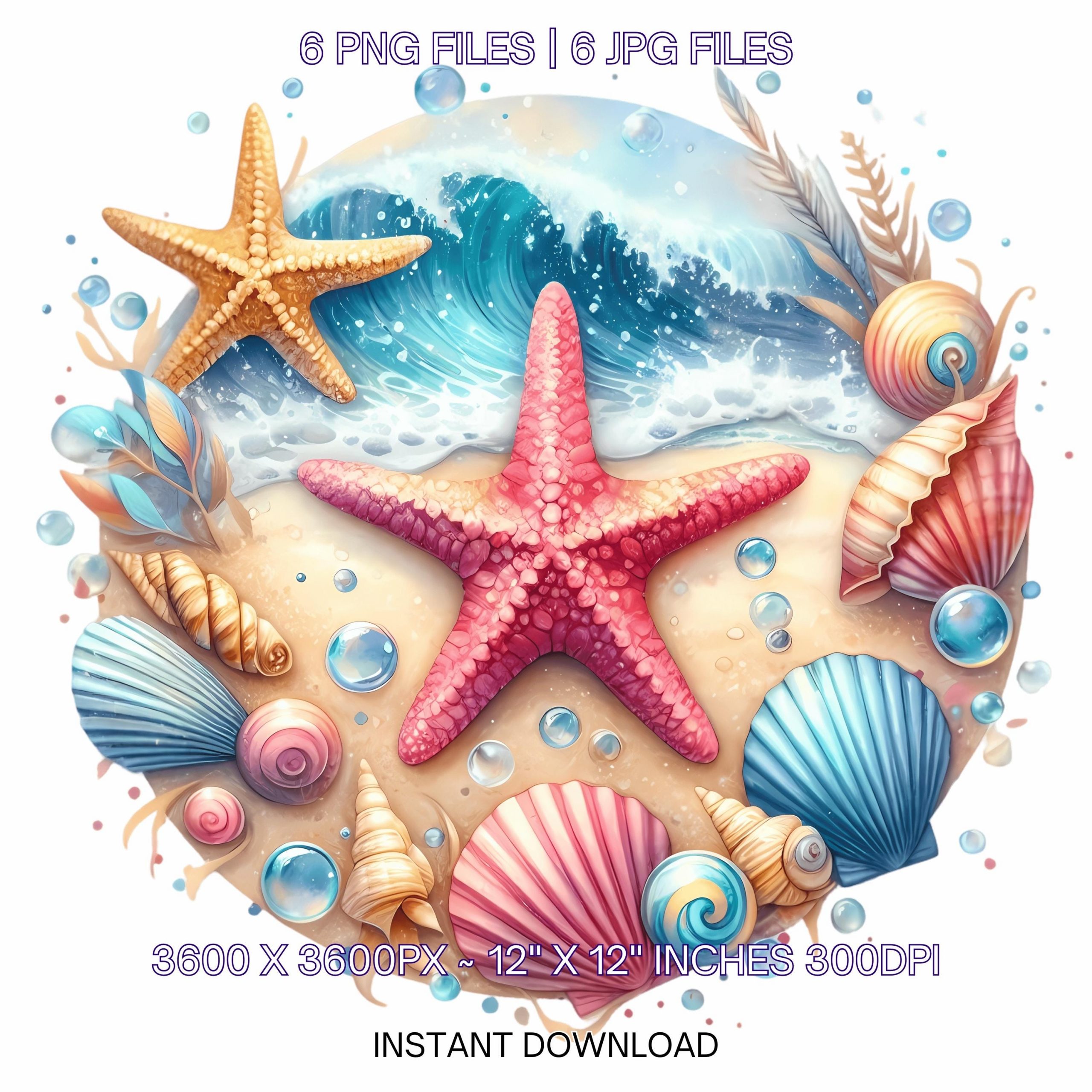 Starfish Clipart PNG | 6 Watercolor Starfish on Sandy Beach with Seashells, Foamy Waves, & Soft Pastel Beach | Underwater Commercial Use – Instant Digital Download