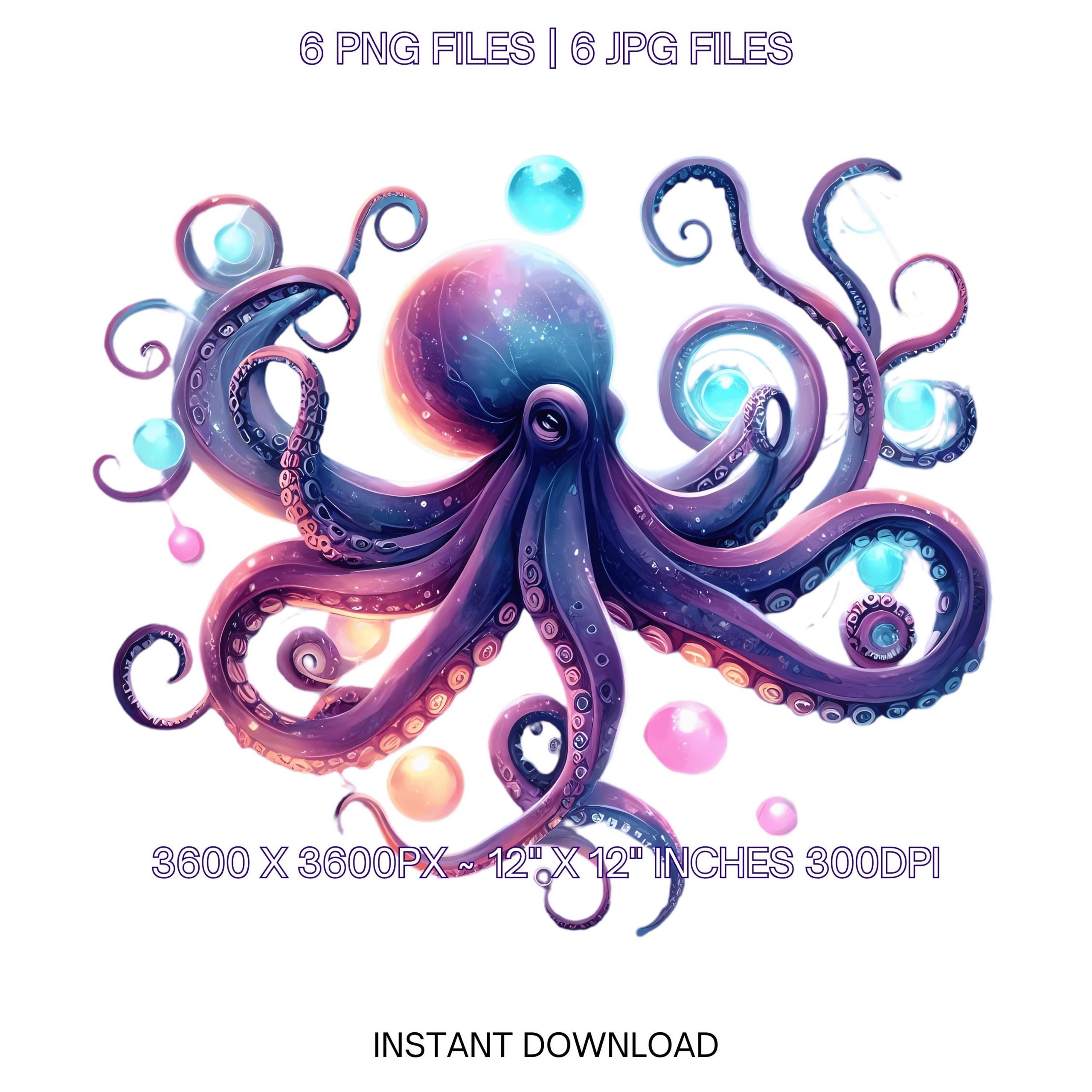 Octopus Clipart PNG | 6 Watercolor Swirling Tentacles of Mystical Octopus & Glowing Underwater Orbs | Underwater Sublimation Commercial Use – Instant Digital Download
