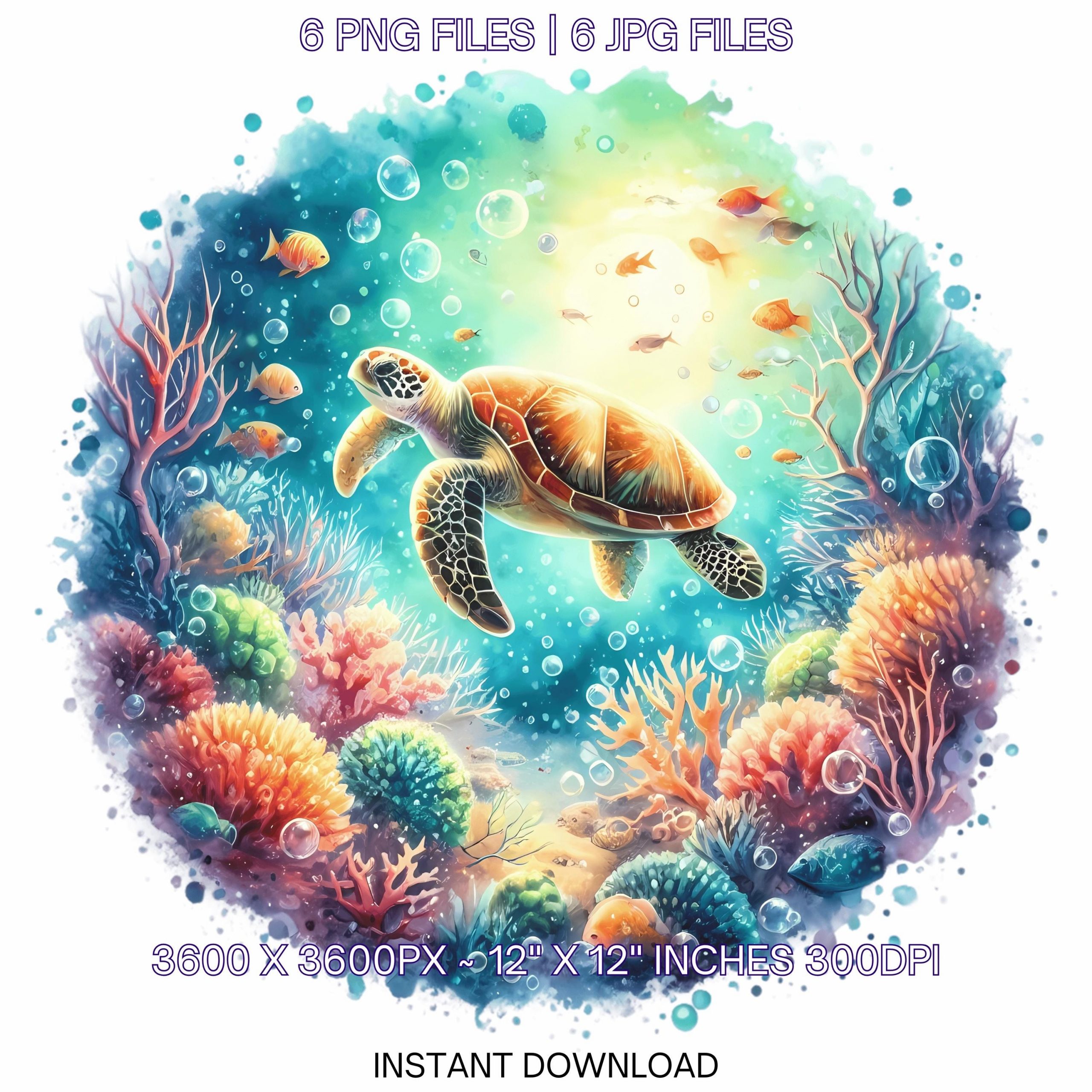 Sea Turtle Clipart PNG | 6 Watercolor Sea Turtle Swimming Through Coral Reef with light water, fish, and bubbles | Underwater Commercial Use – Instant Digital Download
