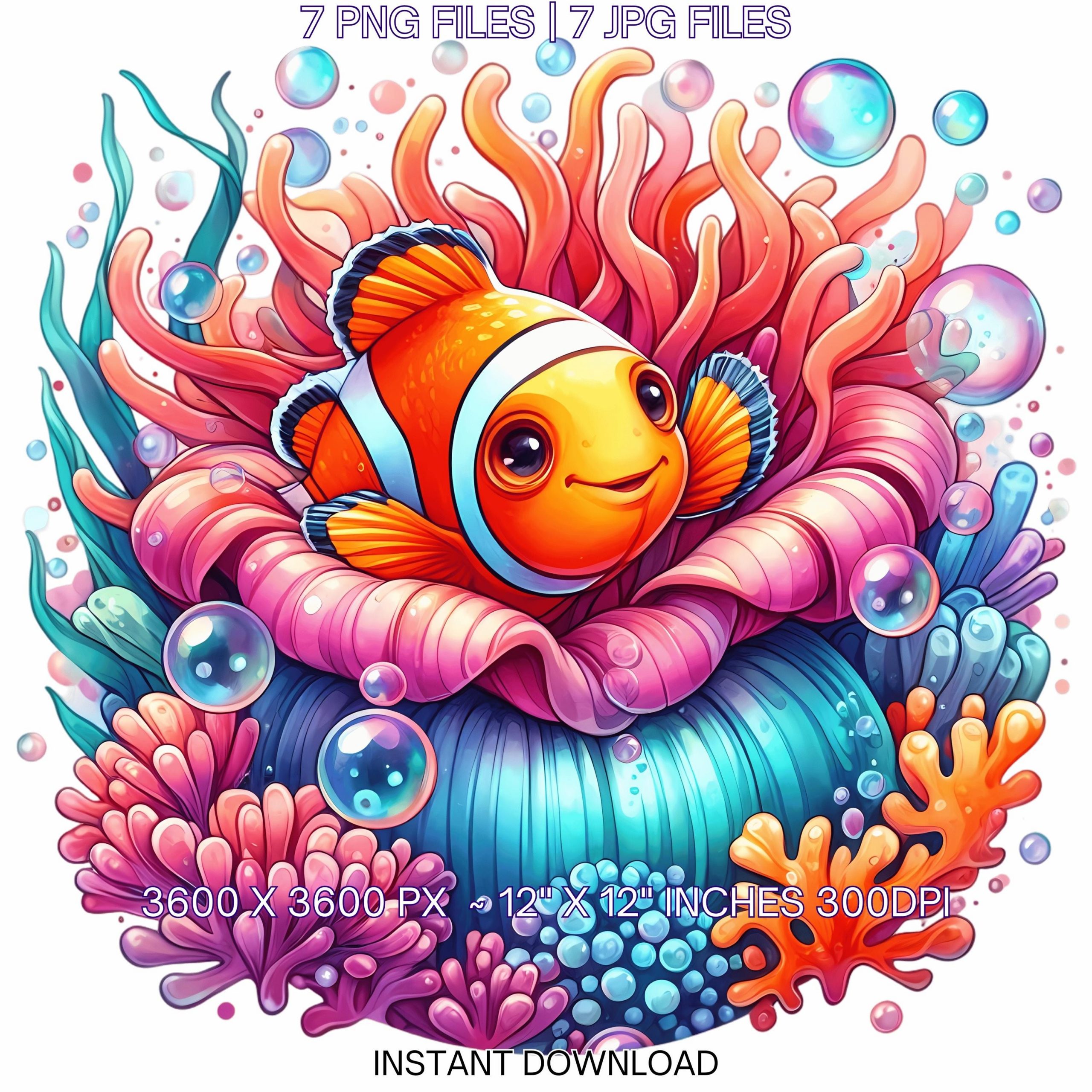 Clownfish Clipart PNG | 6 Watercolor Bright Clownfish Peeking out of a sea anemone with vivid coral and bubble | Underwater Commercial Use – Instant Digital Download