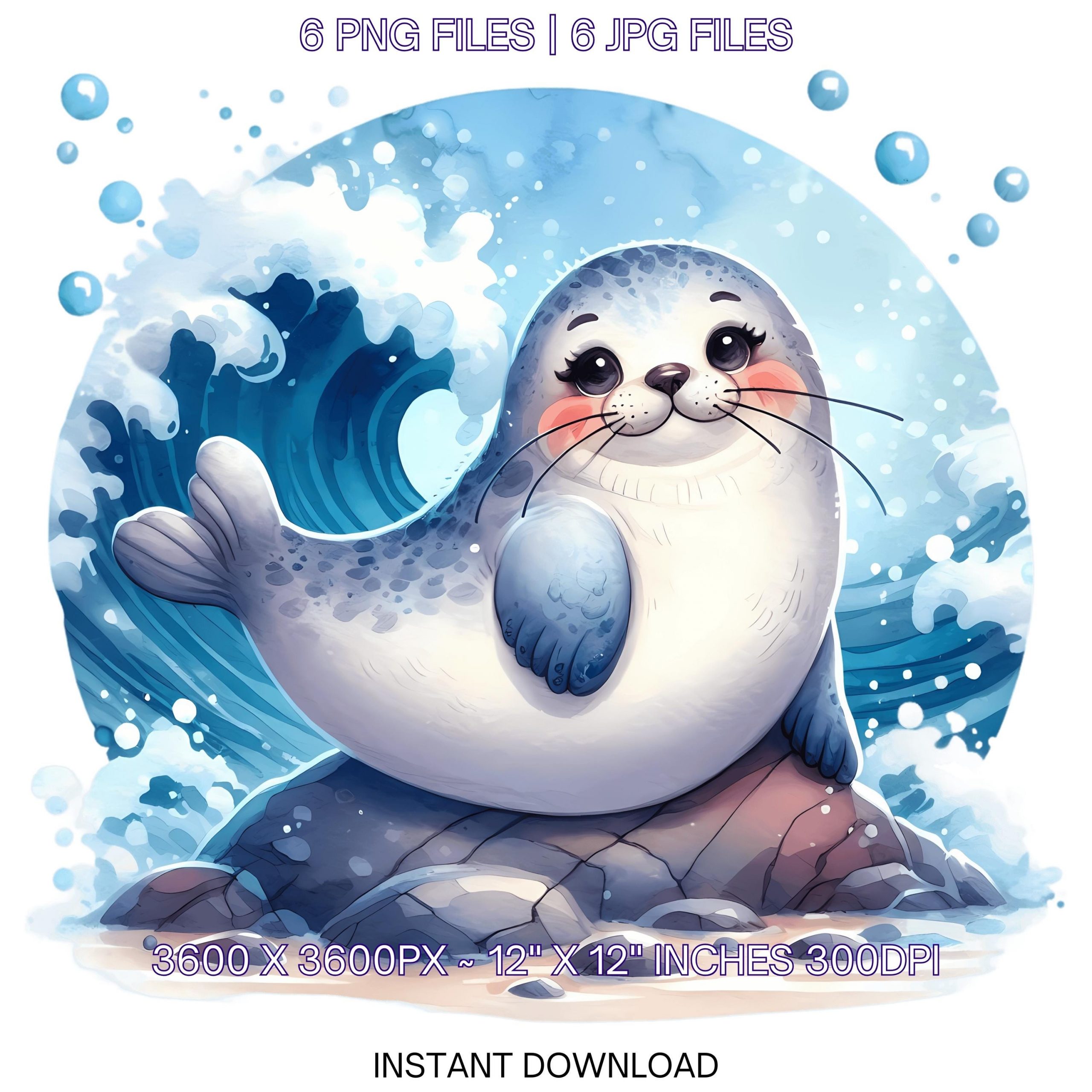 Seal Clipart PNG | 6 Watercolor Chubby Seal on a rock with a joyful grin, flippers up & waves crashing Underwater Sublimation Commercial Use – Instant Digital Download