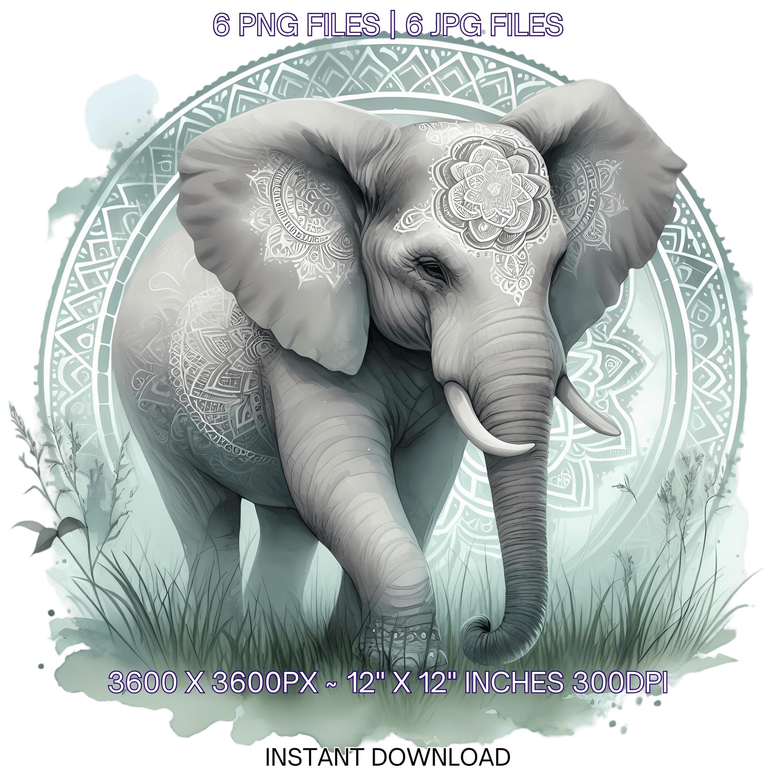 Elephant Clipart PNG | 6 Watercolor Giant Elephant walking through Grasslands | Sublimation Transparent Commercial Use – Instant Digital Download