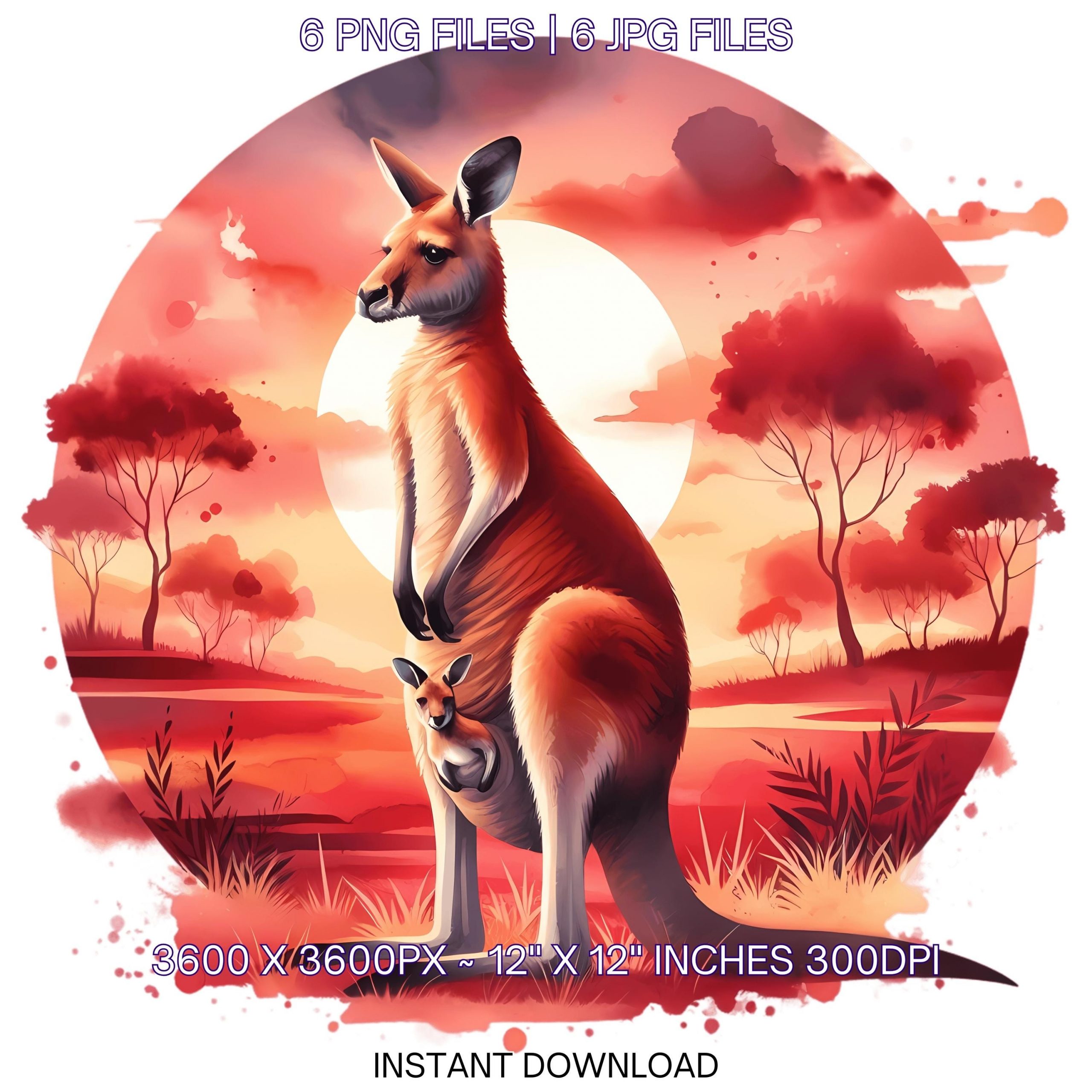 Kangaroo Clipart PNG | 8 Watercolor Mom Kangaroo with a Joey peeking from the Pouch, Red Earth and sunset | Sublimation Commercial Use – Instant Digital Download