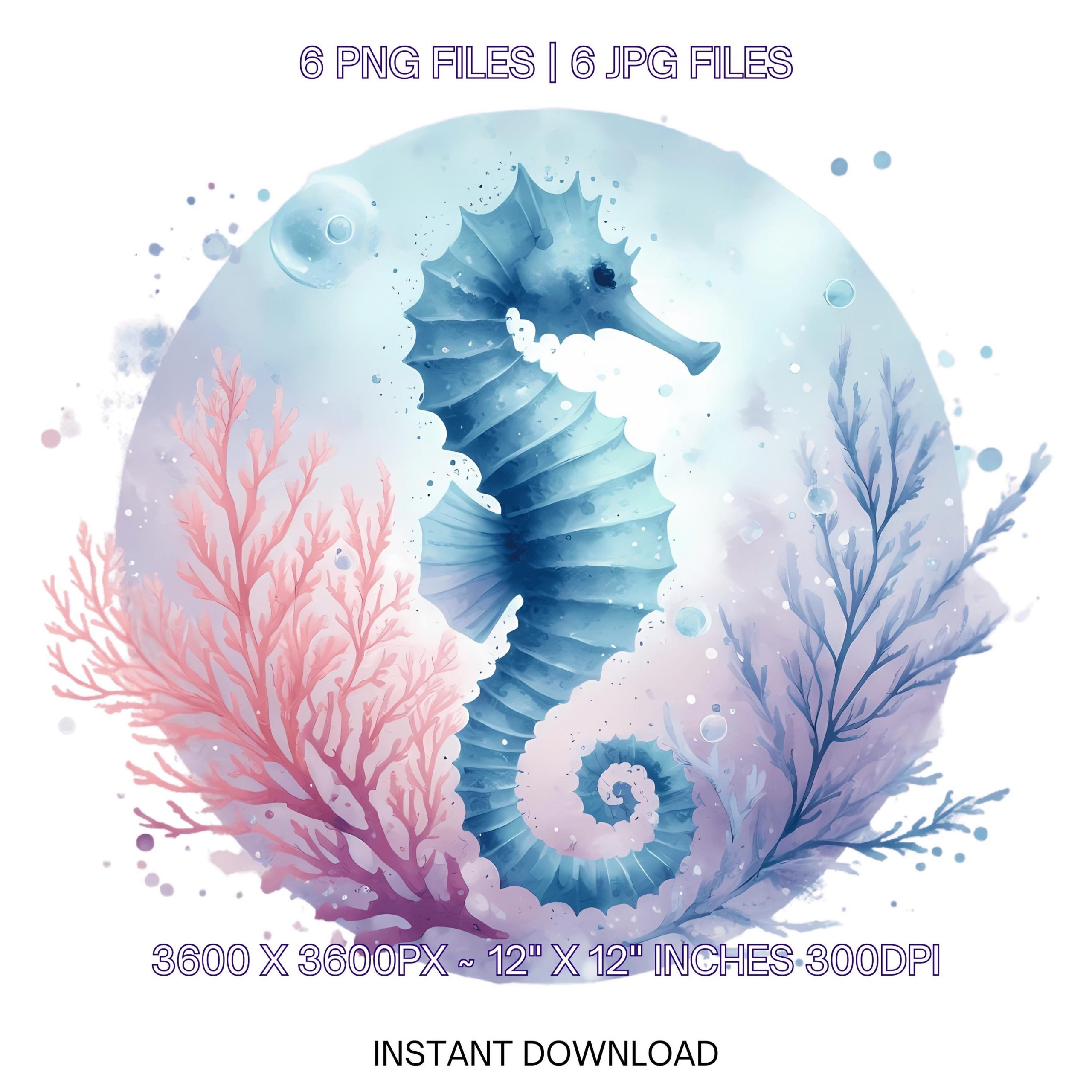 Seahorse Clipart PNG | 6 Watercolor Delicate Seahorse Floating beside coral and seaweed, Oceanic Blues Clipart | Sublimation Commercial Use – Instant Digital Download