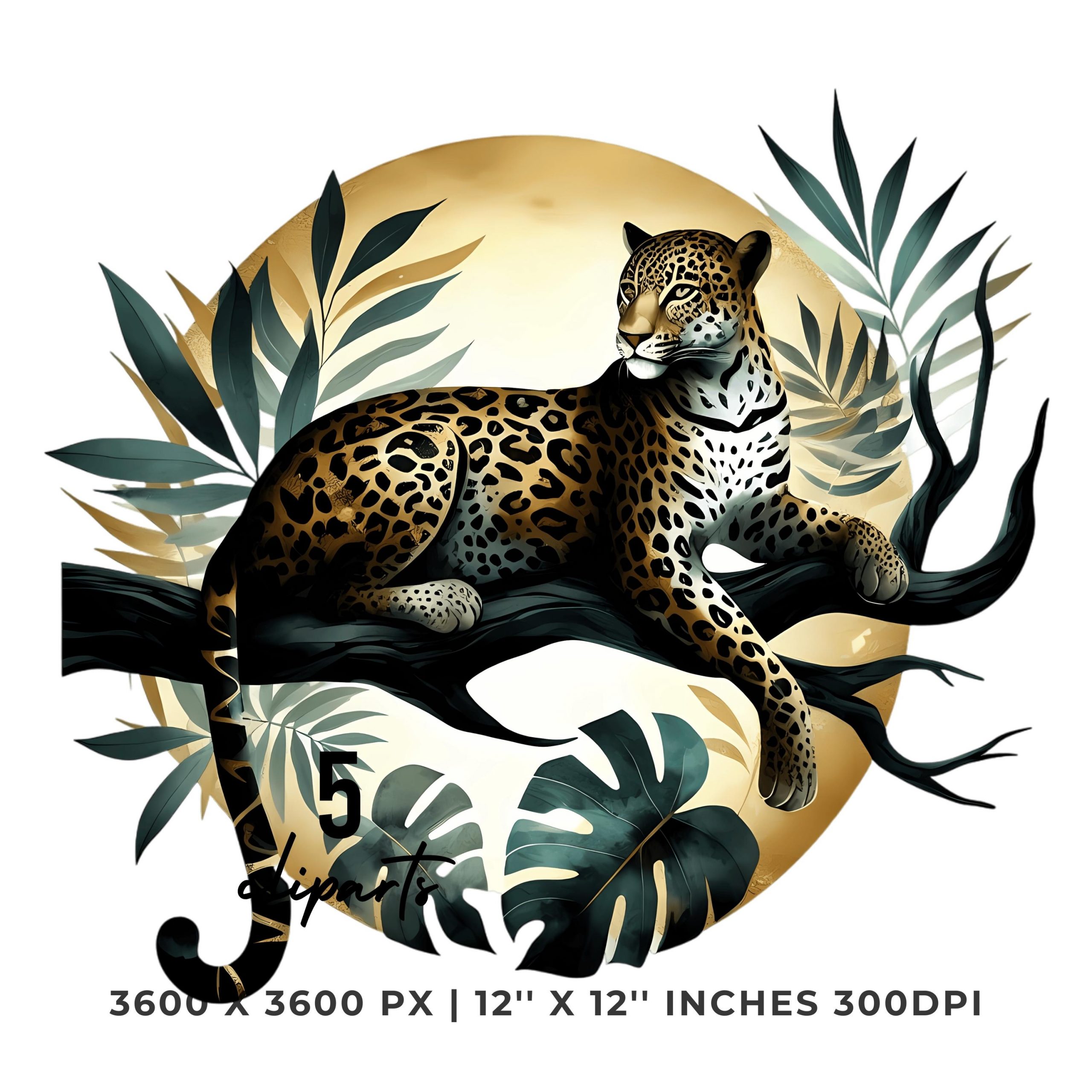 Leopard Clipart PNG | 5 Watercolor Sleek leopard lounging on a tree branch and tropical leaves | Jungle Leopard | Sublimation Commercial Use – Instant Digital Download