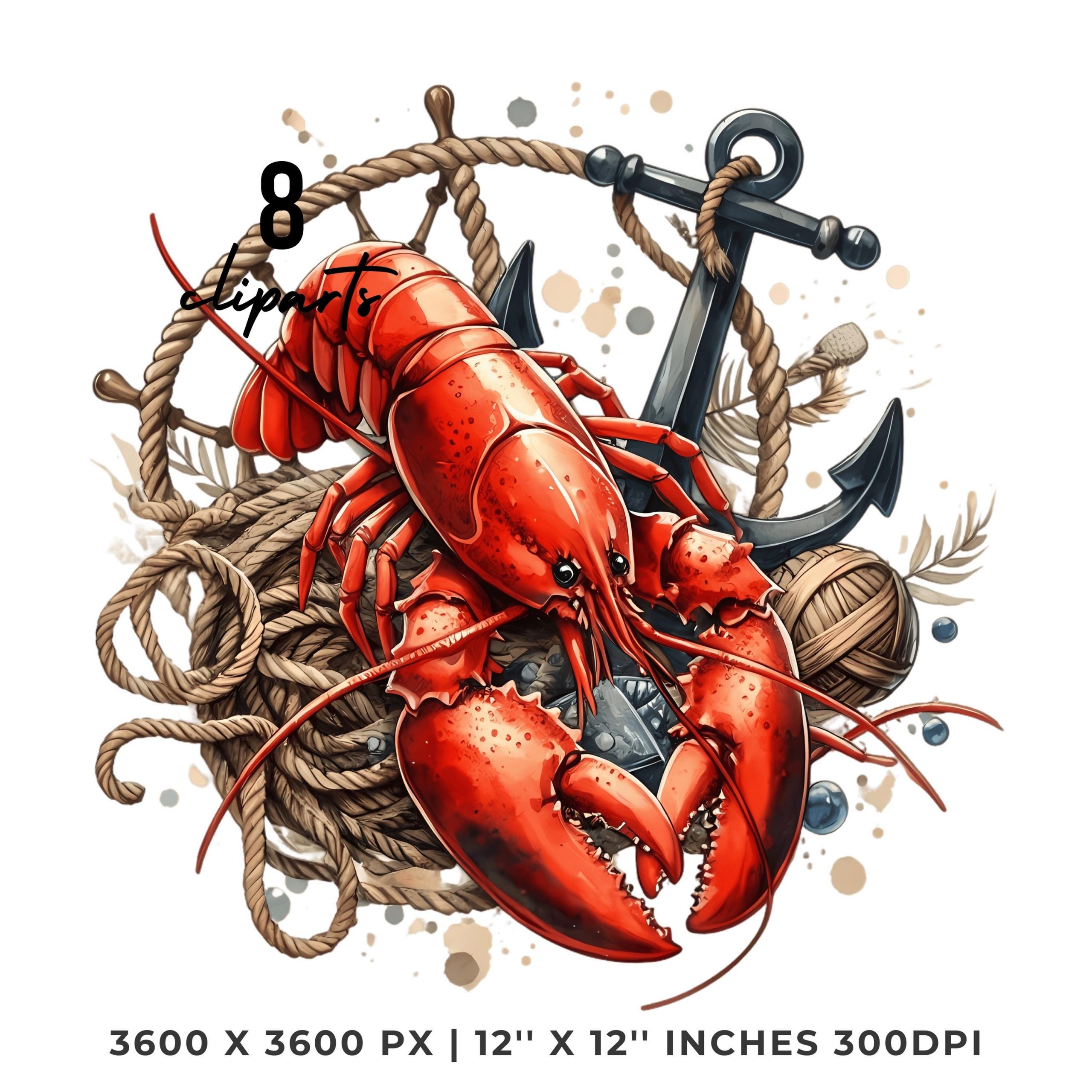 Lobster Clipart PNG | 8 Watercolor Cracked Claws Red Lobster, rope, anchors & driftwood | Underwater Nautical Sublimation Commercial Use – Instant Digital Download