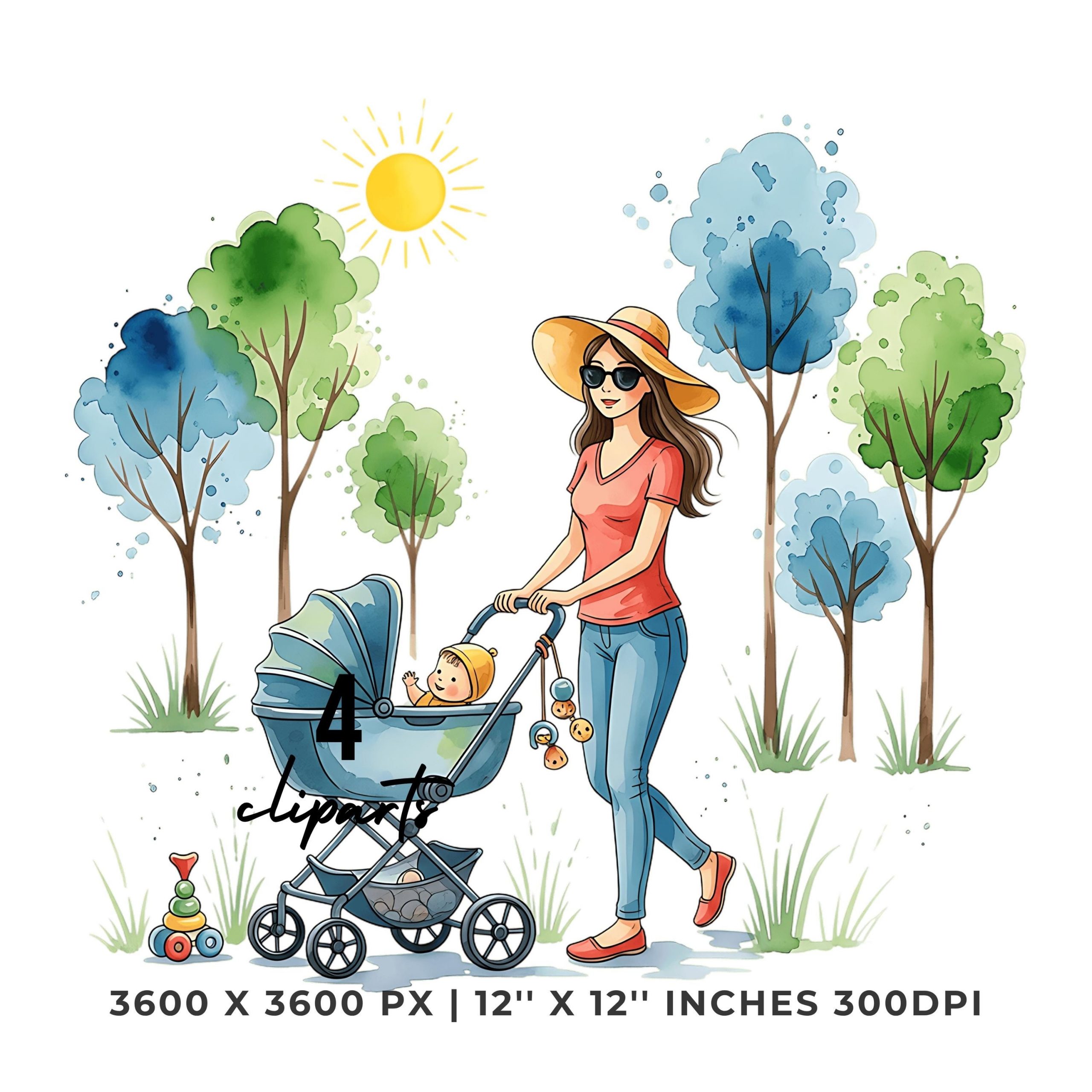 Babysitter PNG Clipart | Watercolor Babysitter pushing a stroller through a sunny park | 4 PNG – 4 JPG Graphic Commercial Use – Instant Digital Download
