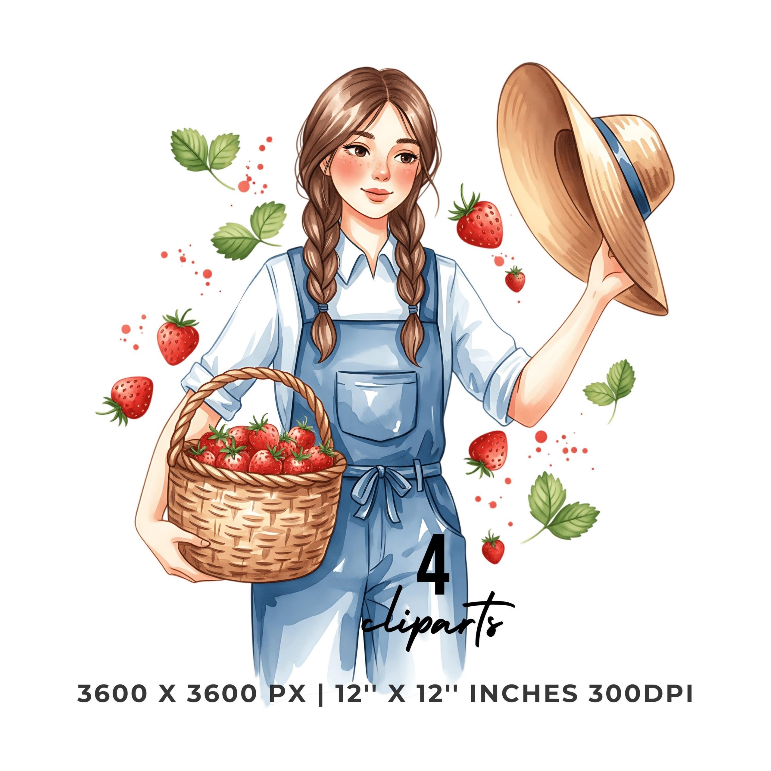 Fruit Field Worker PNG Clipart | Watercolor strawberry picker with a basket | Fruit picker worker | 4 PNG – 4 JPG Graphic Commercial Use – Instant Digital Download