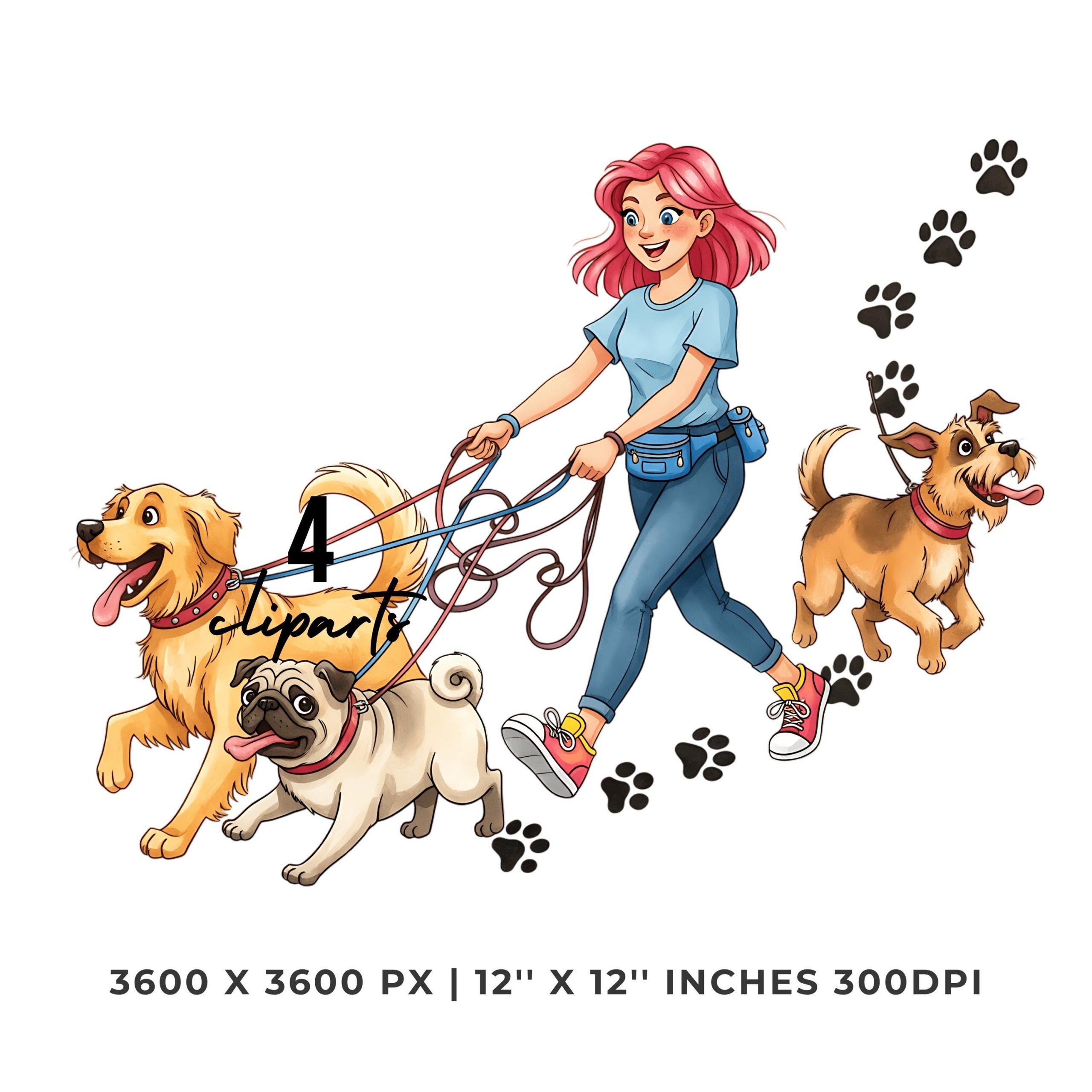 Dog Walker PNG Clipart | Watercolor Teenage Dog Walker walking three energetic dogs with leashes tangling | 4 PNG – 4 JPG Commercial Use – Instant Digital Download