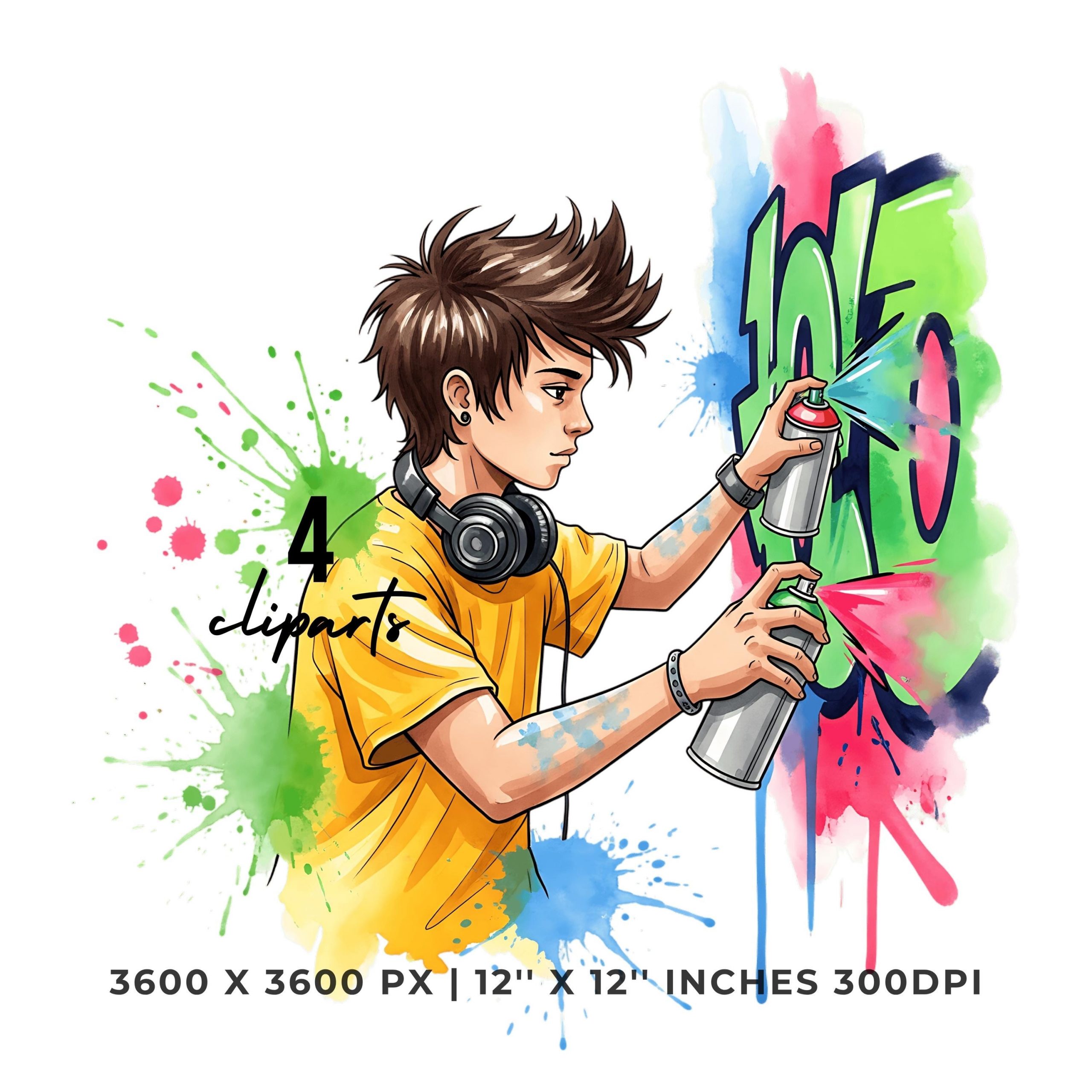 Graffiti PNG Clipart | Watercolor Young Street Artist Painting a colorful mural with spray can | Graffiti art | 4 PNG – 4 JPG Commercial Use – Instant Digital Download