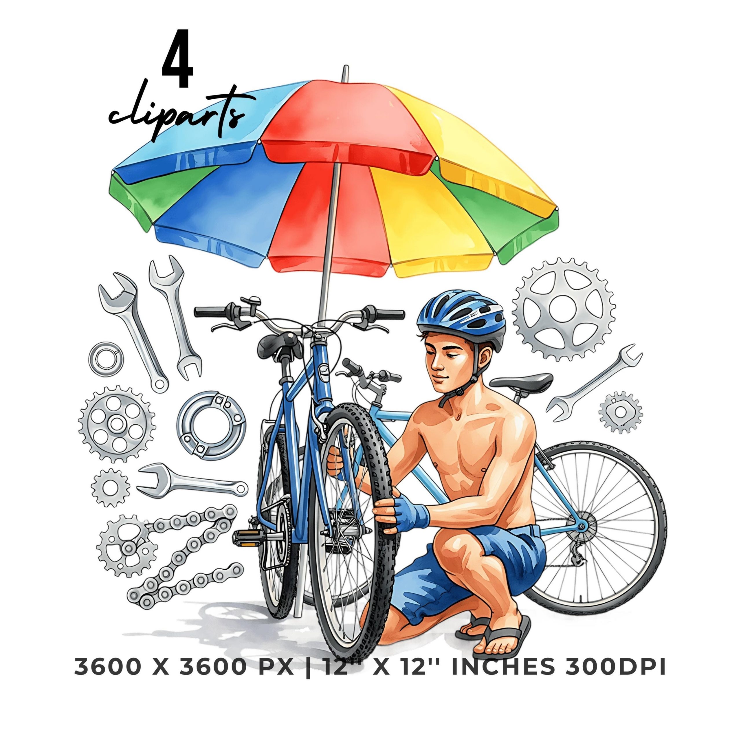 Bike rental worker PNG Clipart | Watercolor Bike rental worker repairing a bike tire under a beach umbrella  | 4 PNG – 4 JPG Commercial Use – Instant Digital Download