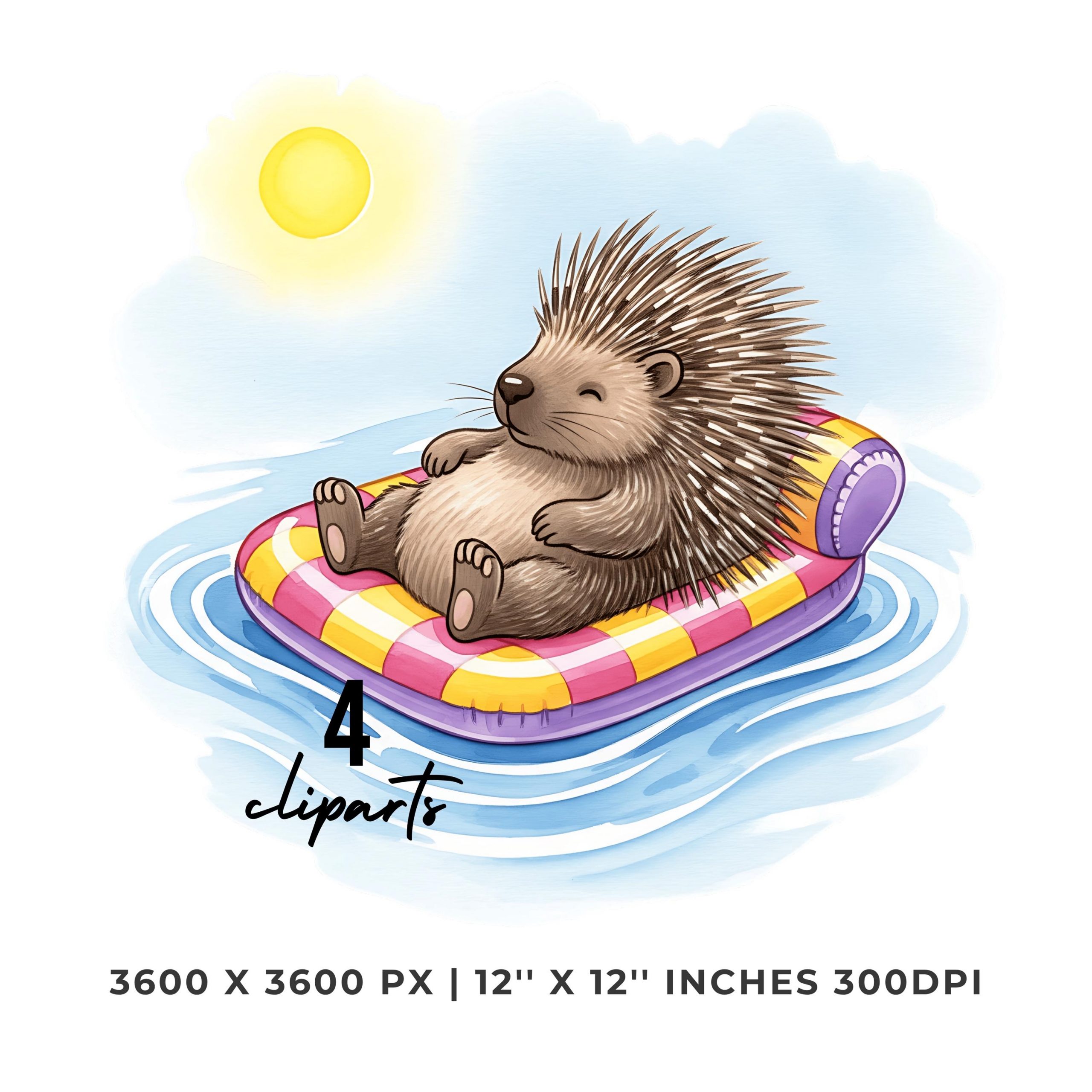 Porcupine Clipart PNG | 4 Watercolor Porcupine floating on a pool raft, enjoying the quiet ripples | Sublimation Transparent Commercial Use – Instant Digital Download