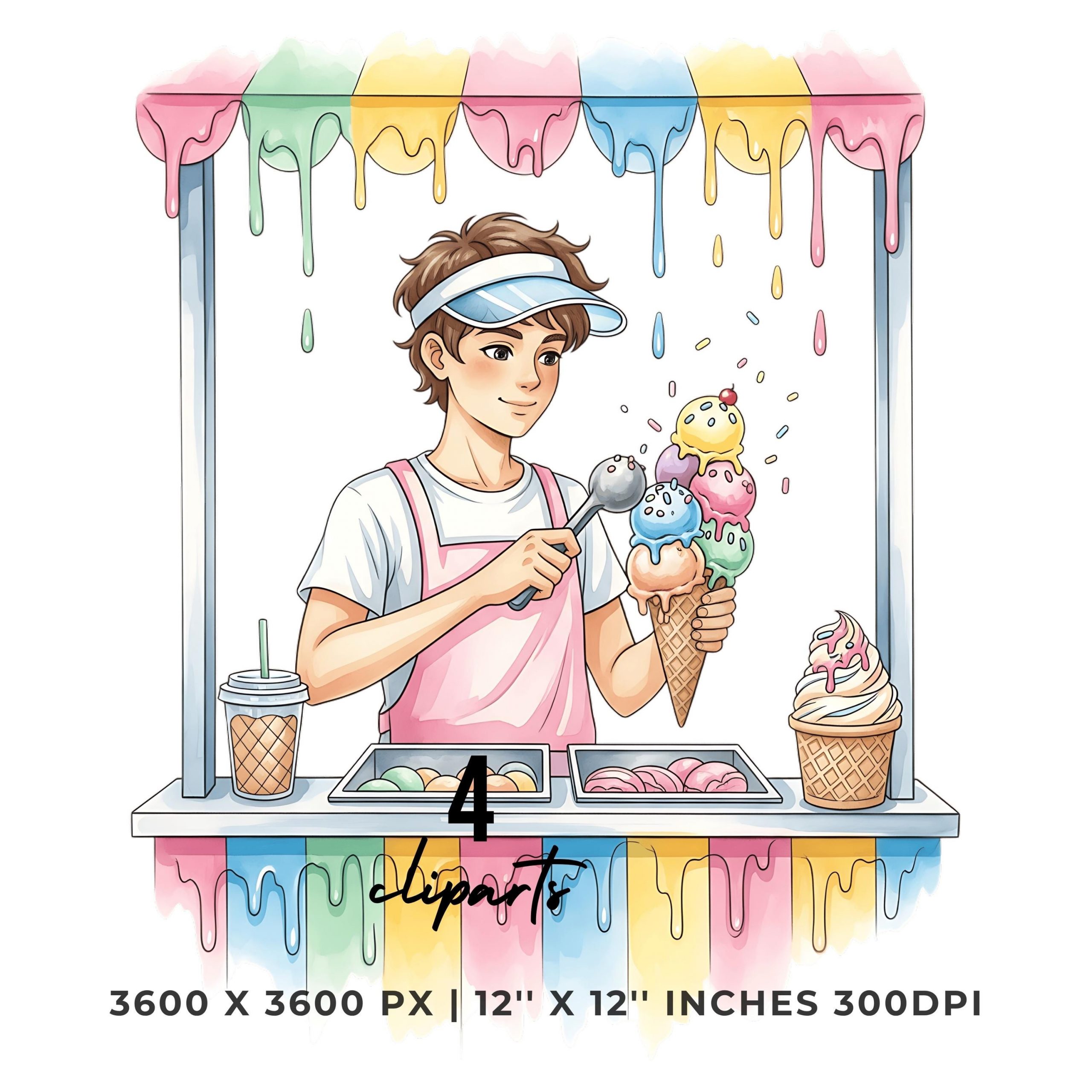 Ice Cream Scooper PNG Clipart | Watercolor Teenager scooping ice cream into cone at beachside stand | Summer job 4 PNG, 4 JPG Commercial Use – Instant Digital Download