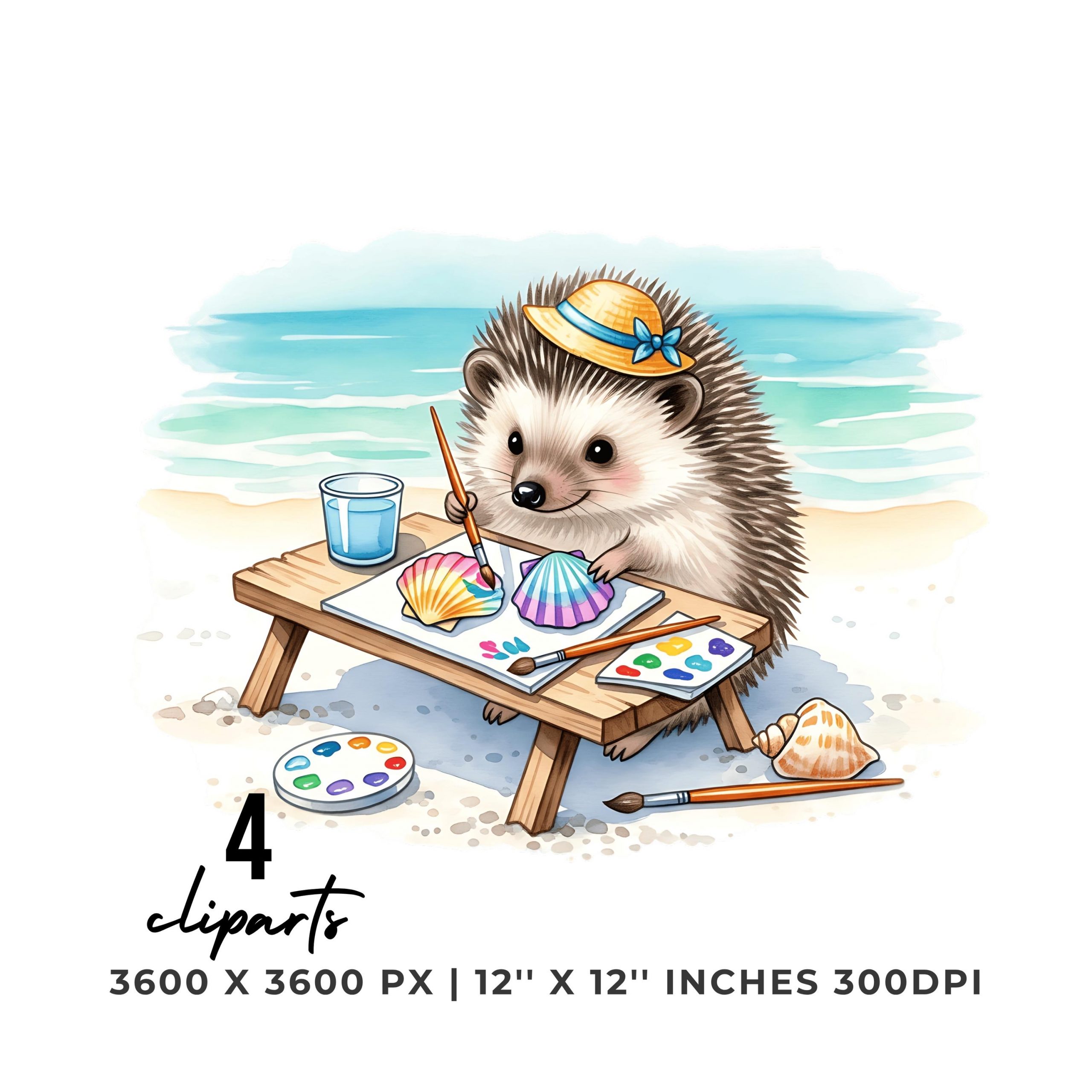 Hedgehog Clipart PNG | Watercolor Hedgehog painting colorful seashells at a beach art table | 4 PNG 4 JPG Sublimation Commercial Use – Instant Digital Download