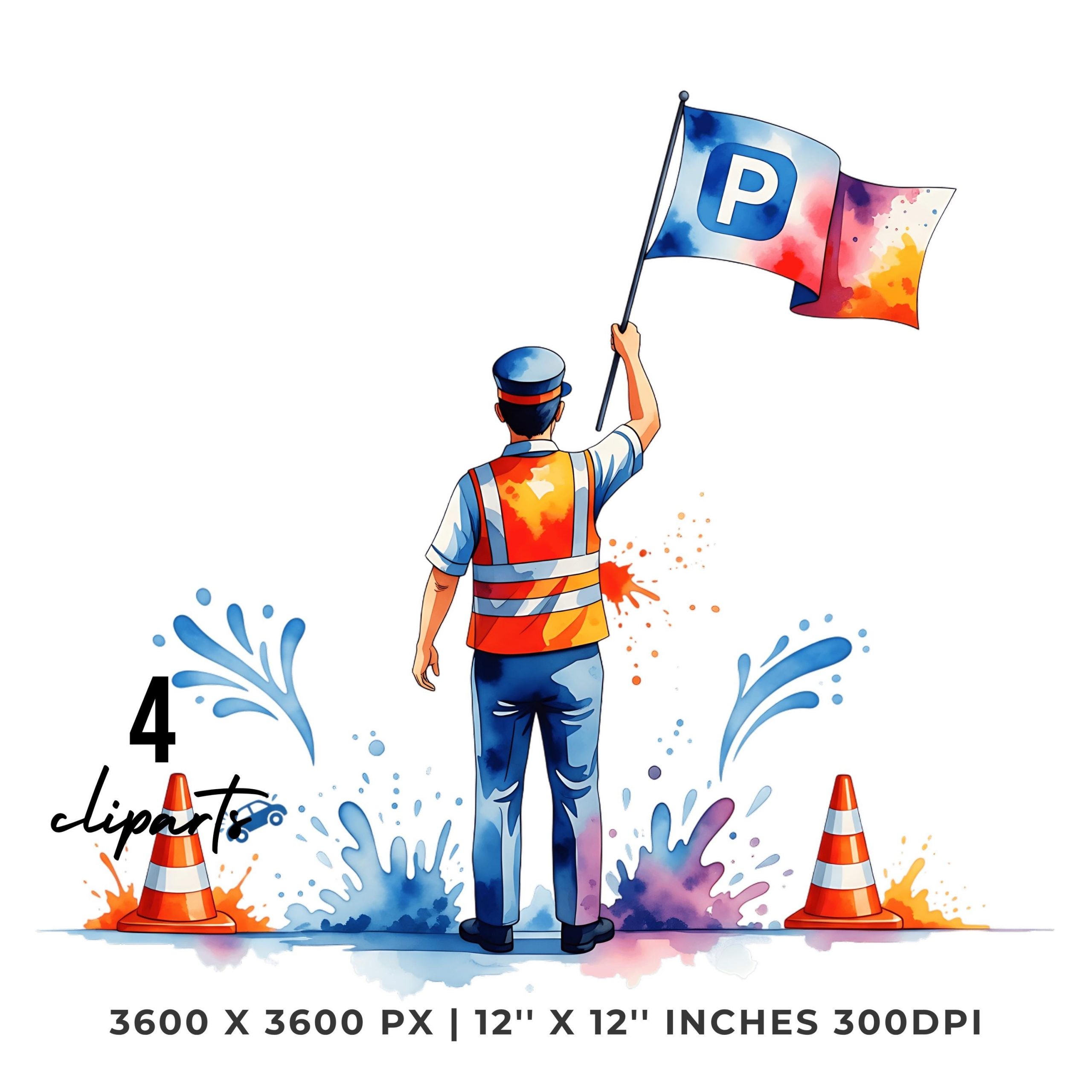 Parking worker PNG Clipart | Watercolor Parking Lot attendant waving a flag to guide cars | Summer job 4 PNG – 4 JPG Graphic Commercial Use – Instant Digital Download