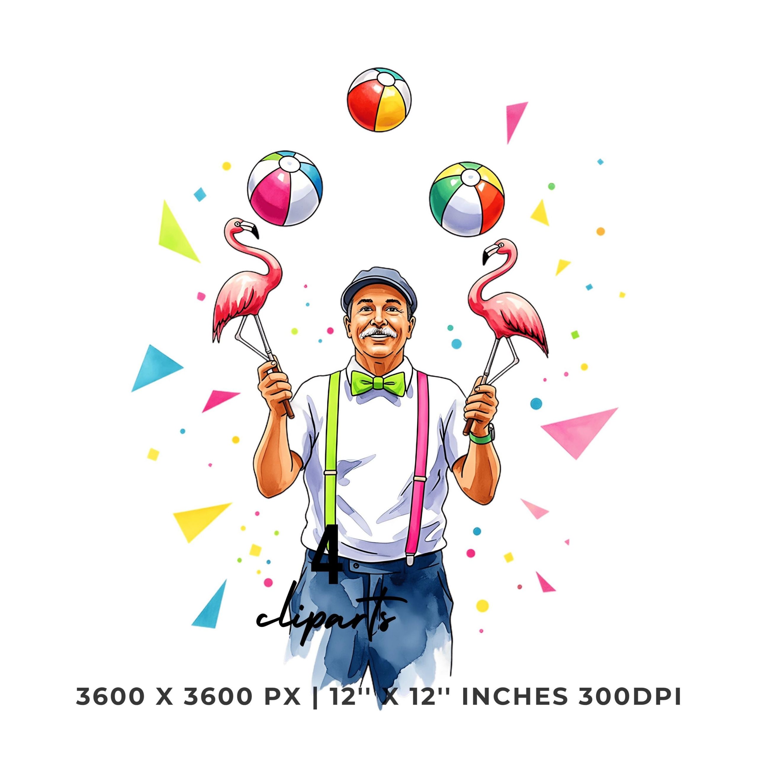 Entertainer Job PNG Clipart | Watercolor Boardwalk Entertainer Juggling Beach Balls & Flamingo props | Summer 4 PNG – 4 JPG Commercial Use – Instant Digital Download