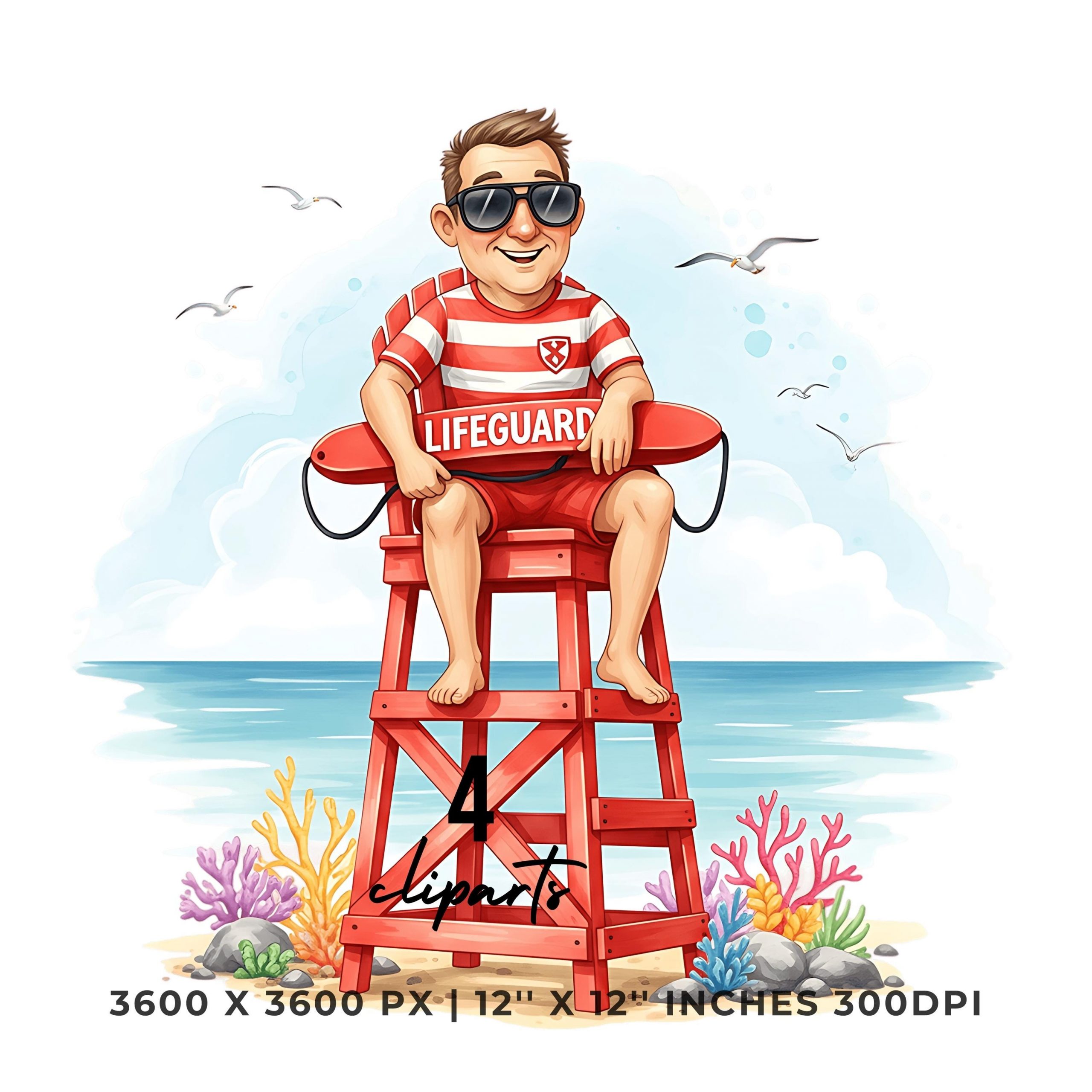 Beach Lifeguard PNG Clipart | Watercolor Cheerful Lifeguard on tall red lifeguard chair | Summer job 4 PNG – 4 JPG Graphic Commercial Use – Instant Digital Download