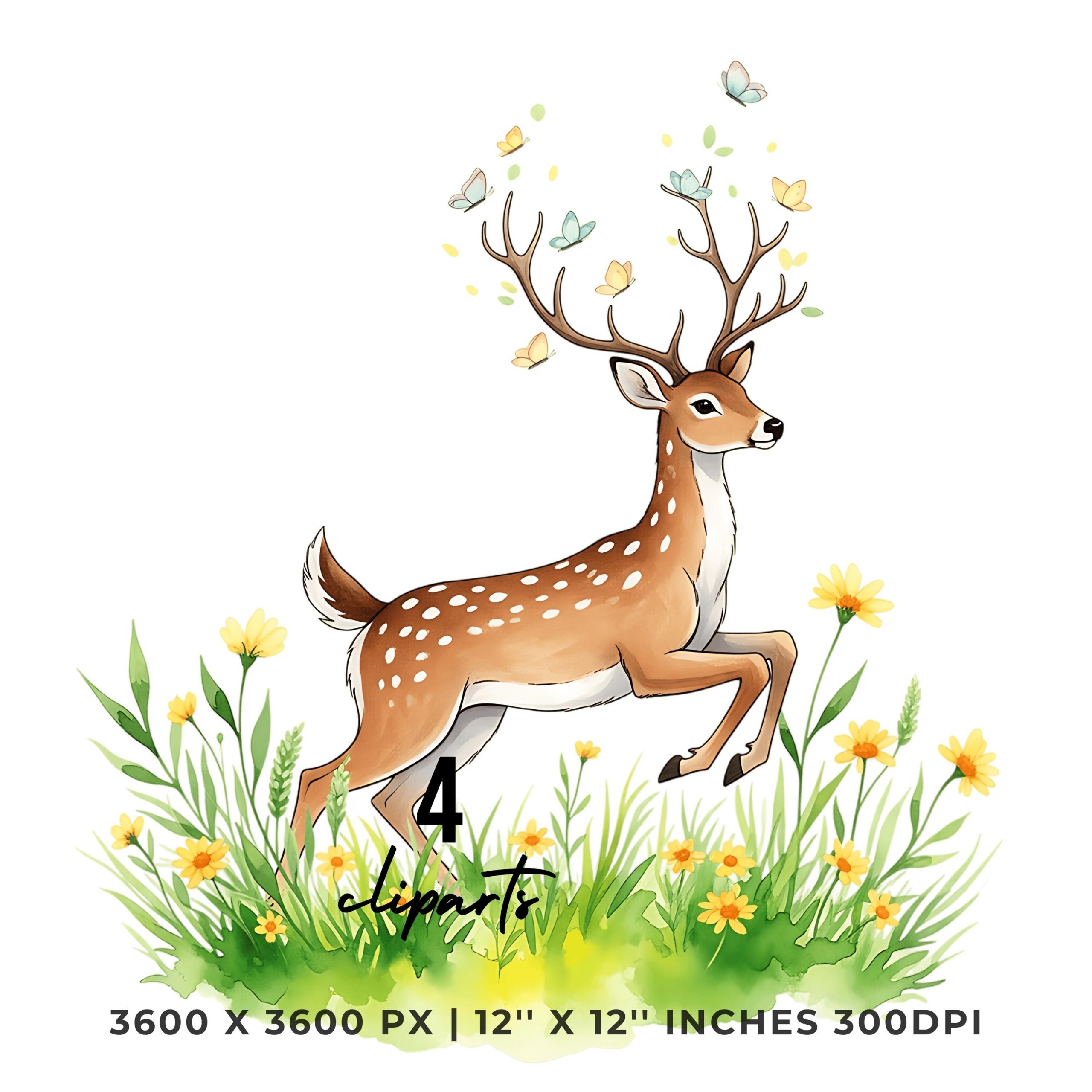 Deer Clipart PNG | 4 Watercolor Deer prancing through a sunlit field with butterflies | Summer Sublimation Transparent Commercial Use – Instant Digital Download