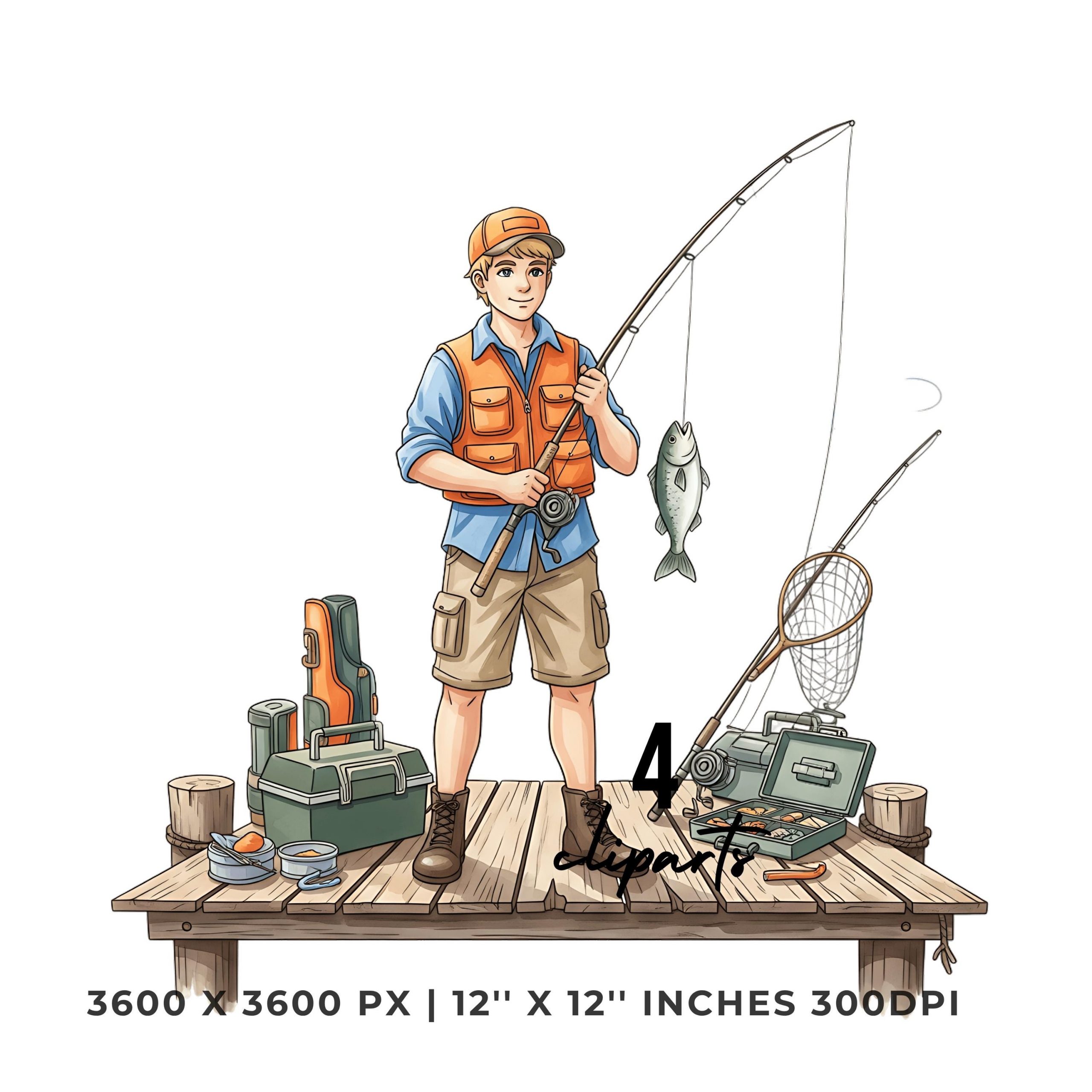 Fisherman PNG Clipart | Watercolor Young Fishing Guide holding a Fishing Rod | Summer Activity 4 PNG – 4 JPG Graphic Commercial Use – Instant Digital Download