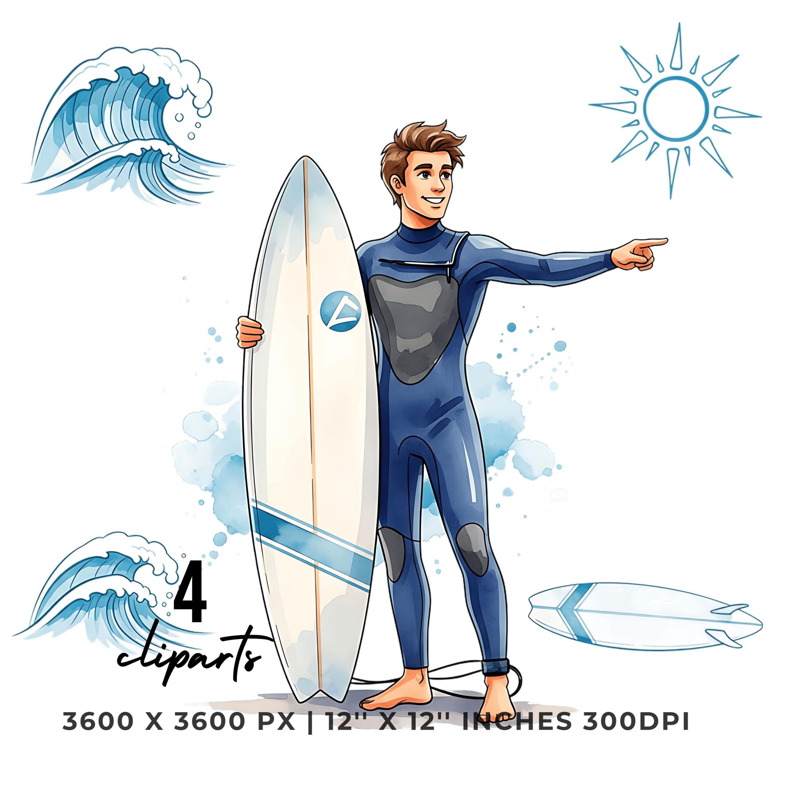 Surfer Clipart Bundle | Surfboard, Waves, Sun, Surfer Characters | 4 PNG & 4 JPG | Beach Summer Digital Stickers | 12″x12″ 300DPI – Instant Digital Download
