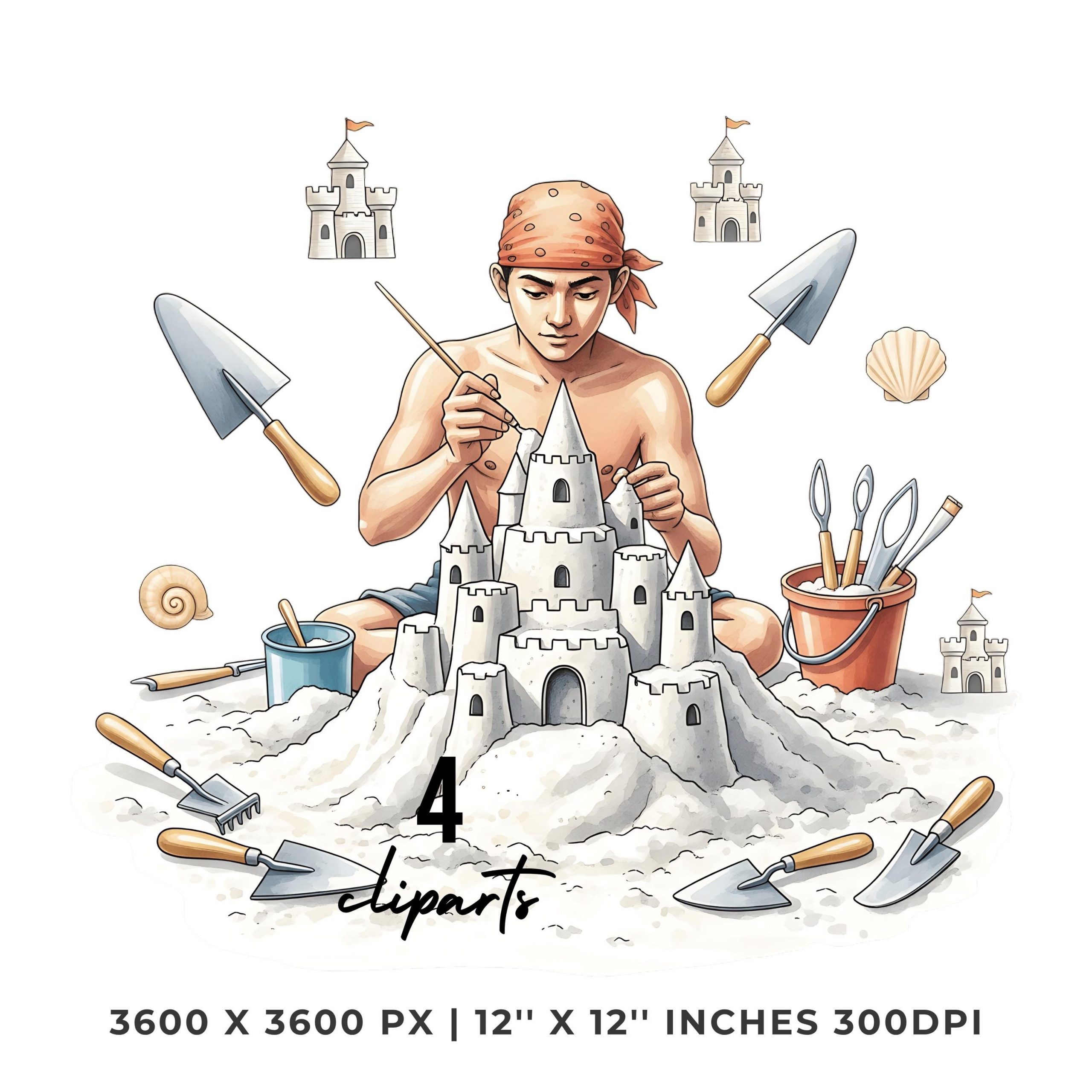 Sandcastle Builder Clipart Set | Summer Beach | Sand Art Clip Art | 4 PNG & 4 JPG | Digital Stickers | 12″x12″ 300DPI Graphic Commercial Use – Instant Digital Download