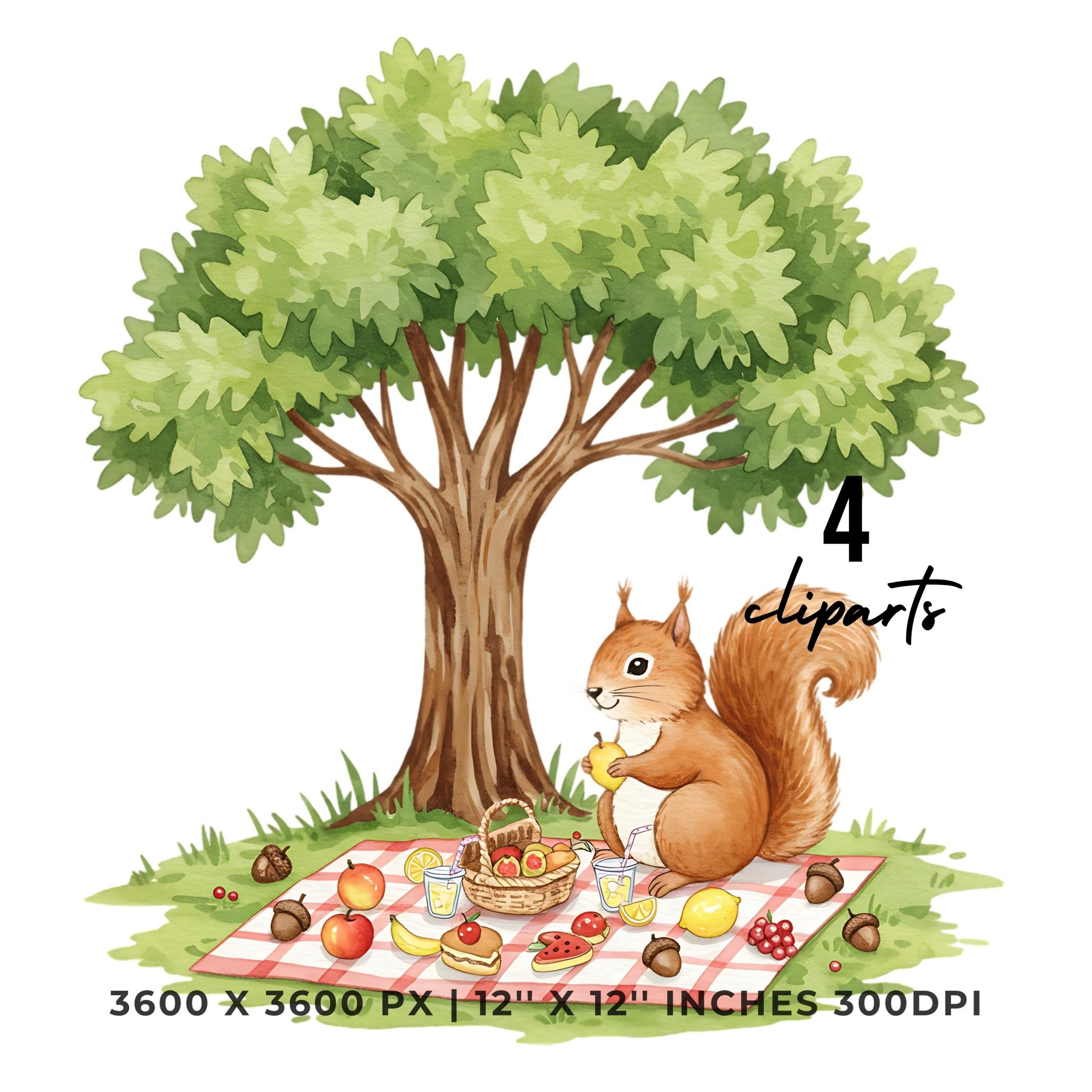 Squirrel Clipart PNG | 4 Watercolor Squirrel having a Picnic under a Tree with Tiny Fruit, Acorns, & Lemonade | Sublimation Commercial Use – Instant Digital Download