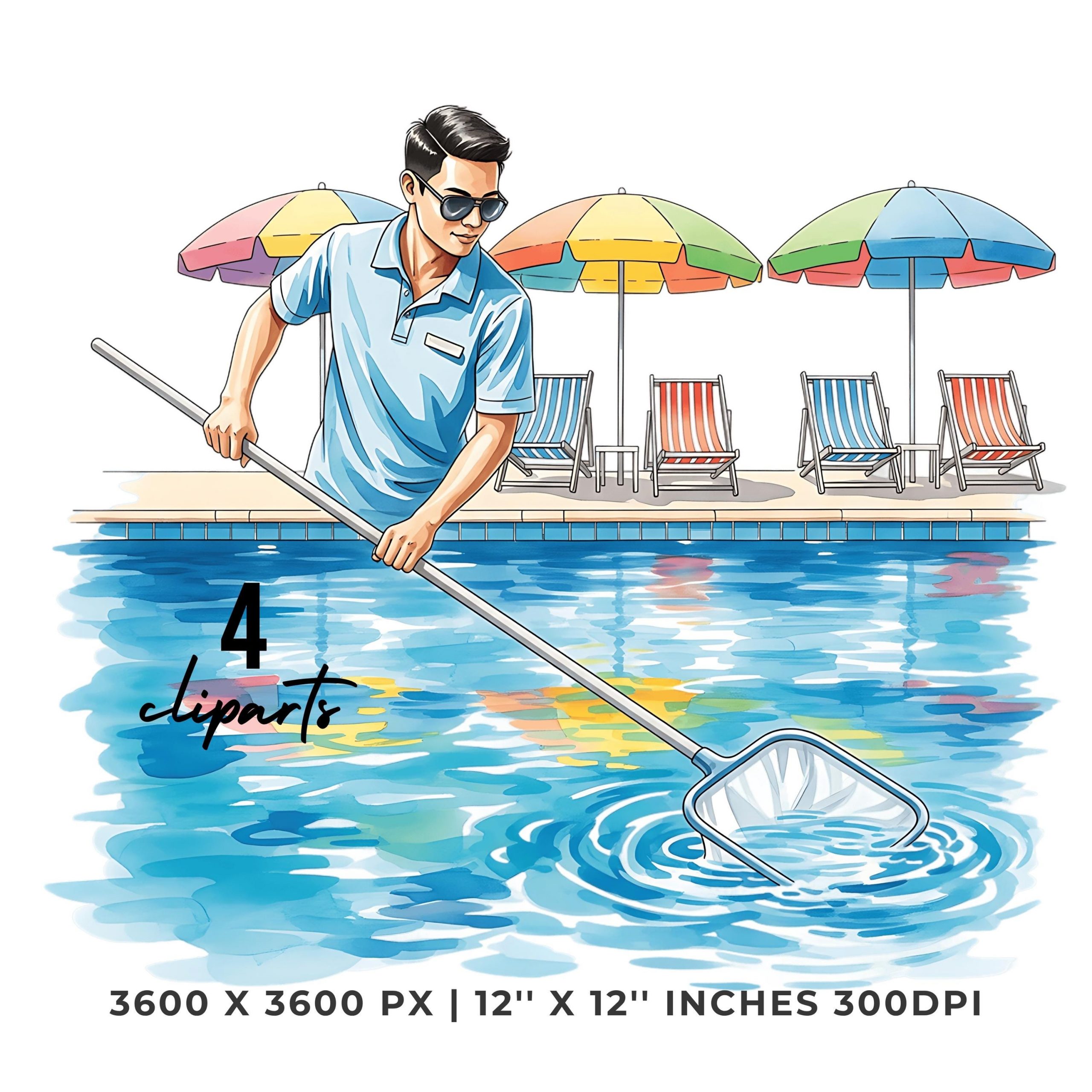 Pool Cleaner Clipart | Lifeguard Pool Scene | Summer Staff Art | 4 PNG & 4 JPG | Digital Stickers | 12″x12″ 300DPI Graphic Commercial Use – Instant Digital Download
