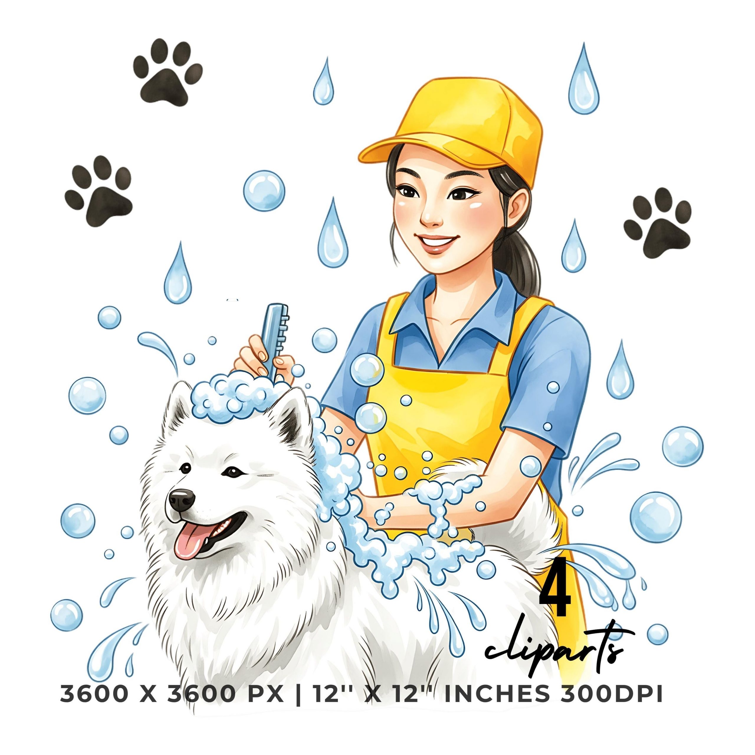 Dog Grooming Clipart Bundle | Pet Wash Art | 4 PNG & 4 JPG | Digital Stickers | 12″x12″ 300DPI Graphic Sublimation Commercial Use – Instant Digital Download