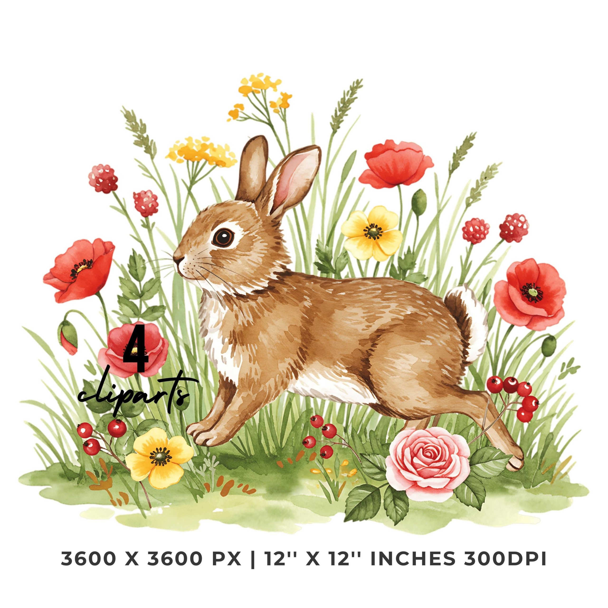 Spring Bunny Floral Clipart 4PNG 4JPG | Rabbit Garden Illustration, Card Making, Scrapbooking, Junk Journaling, Sublimation, Commercial Use – Instant Digital Download