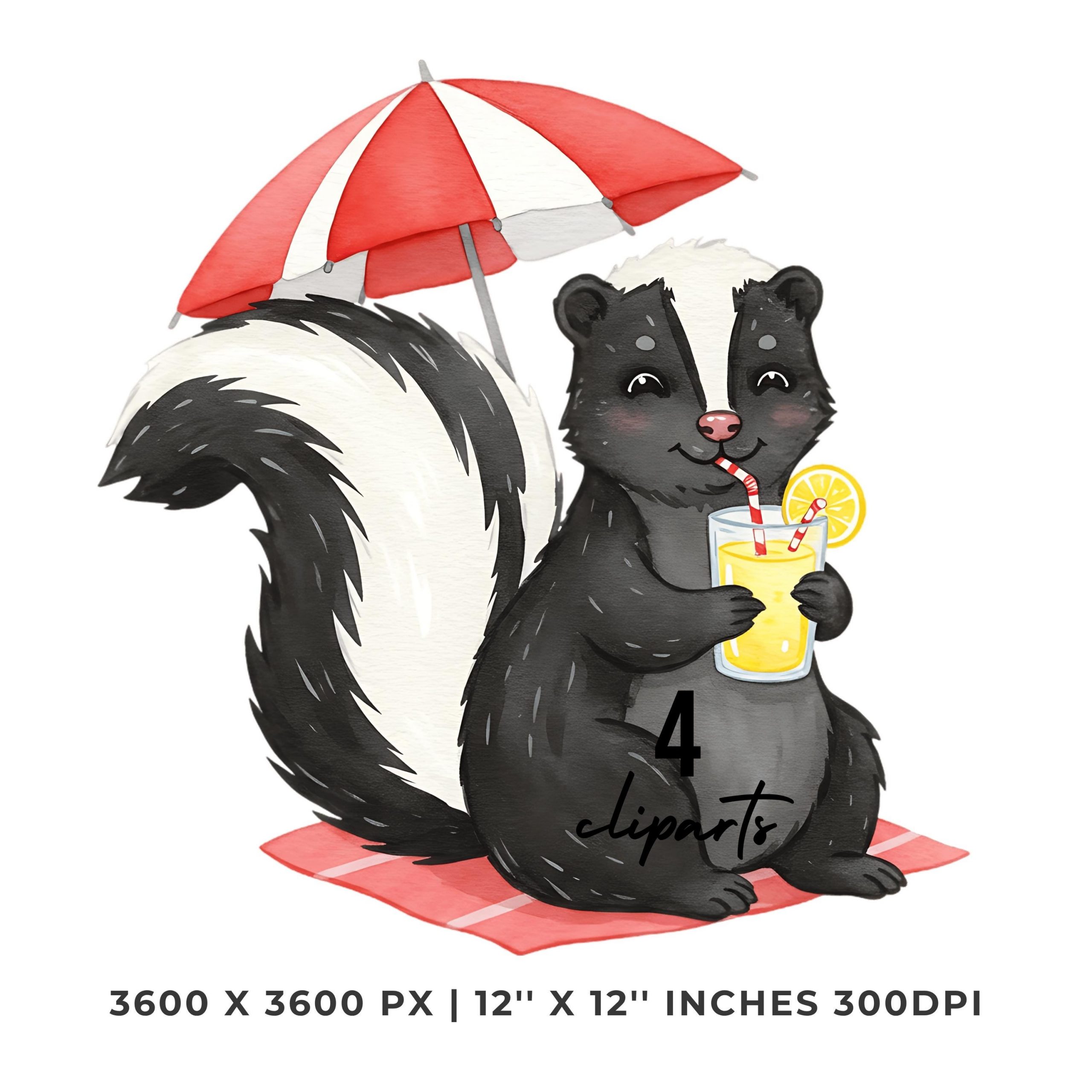 Summer Skunk Clipart PNG | 4 Watercolor Skunk Sipping Lemonade Under a Tiny Beach Umbrella | Sublimation Transparent Commercial Use – Instant Digital Download