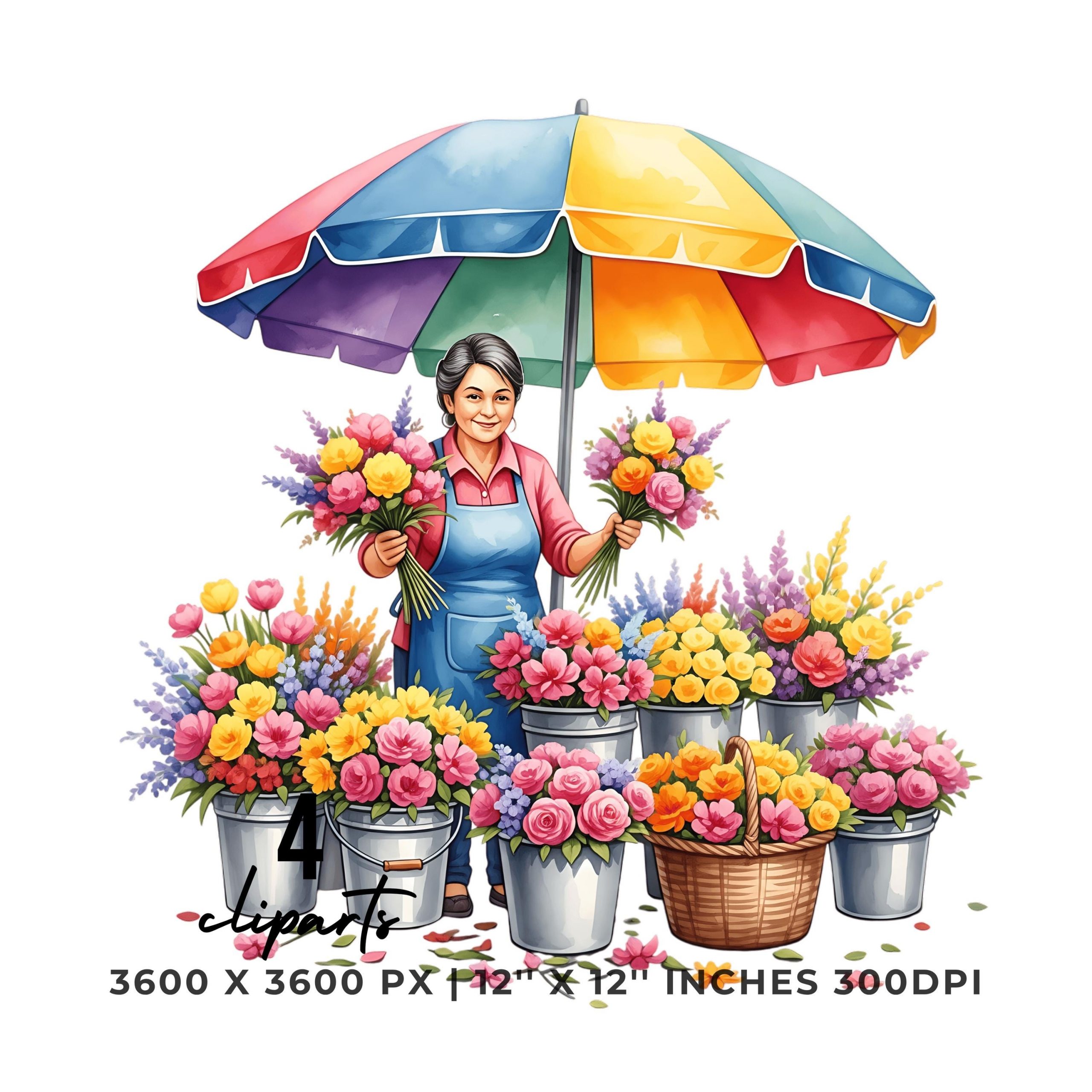 Flower Market Clipart Set | Floral Vendor Under Umbrella | 4 PNG & 4 JPG | Digital Stickers | 12″x12″ 300DPI Commercial Use – Instant Digital Download