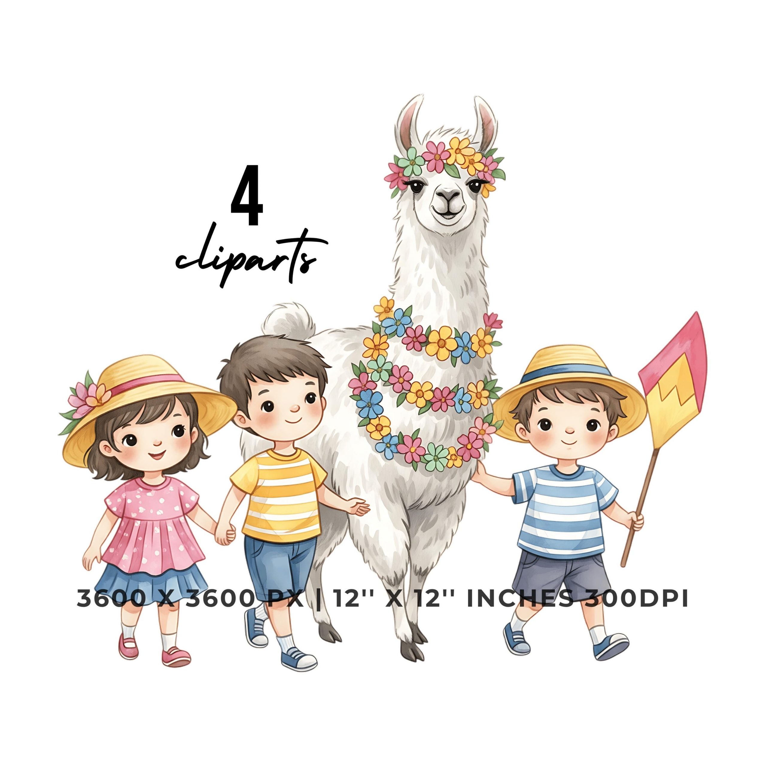 Summer Llama Clipart PNG | 4 Watercolor Llama at summer parade, wearing flower garlands & marching beside kids | Sublimation Commercial Use – Instant Digital Download