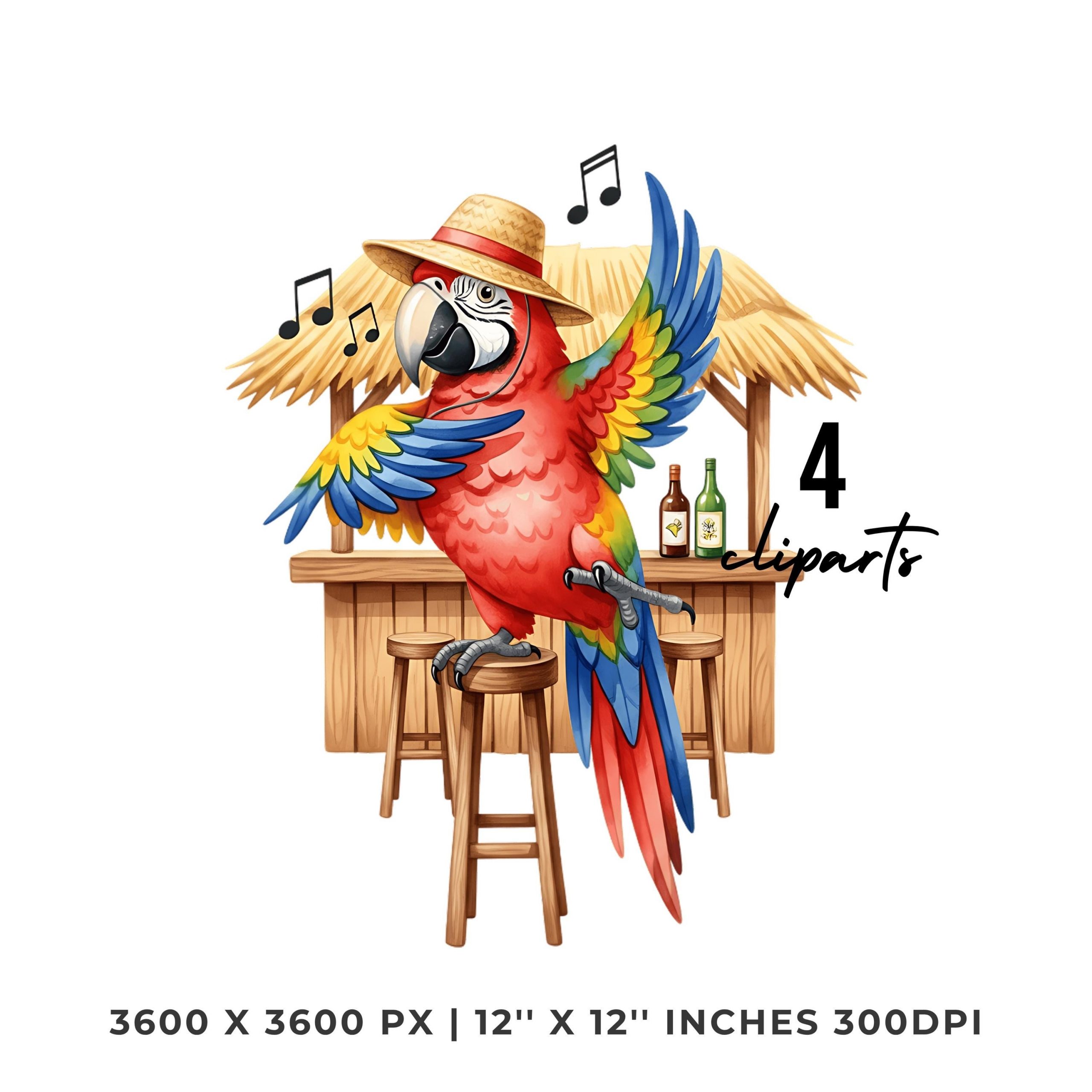 Summer Parrot Clipart PNG | 4 Watercolor Parrot Dancing to Summer Music on a Beach Bar Perch | Sublimation Transparent Commercial Use – Instant Digital Download