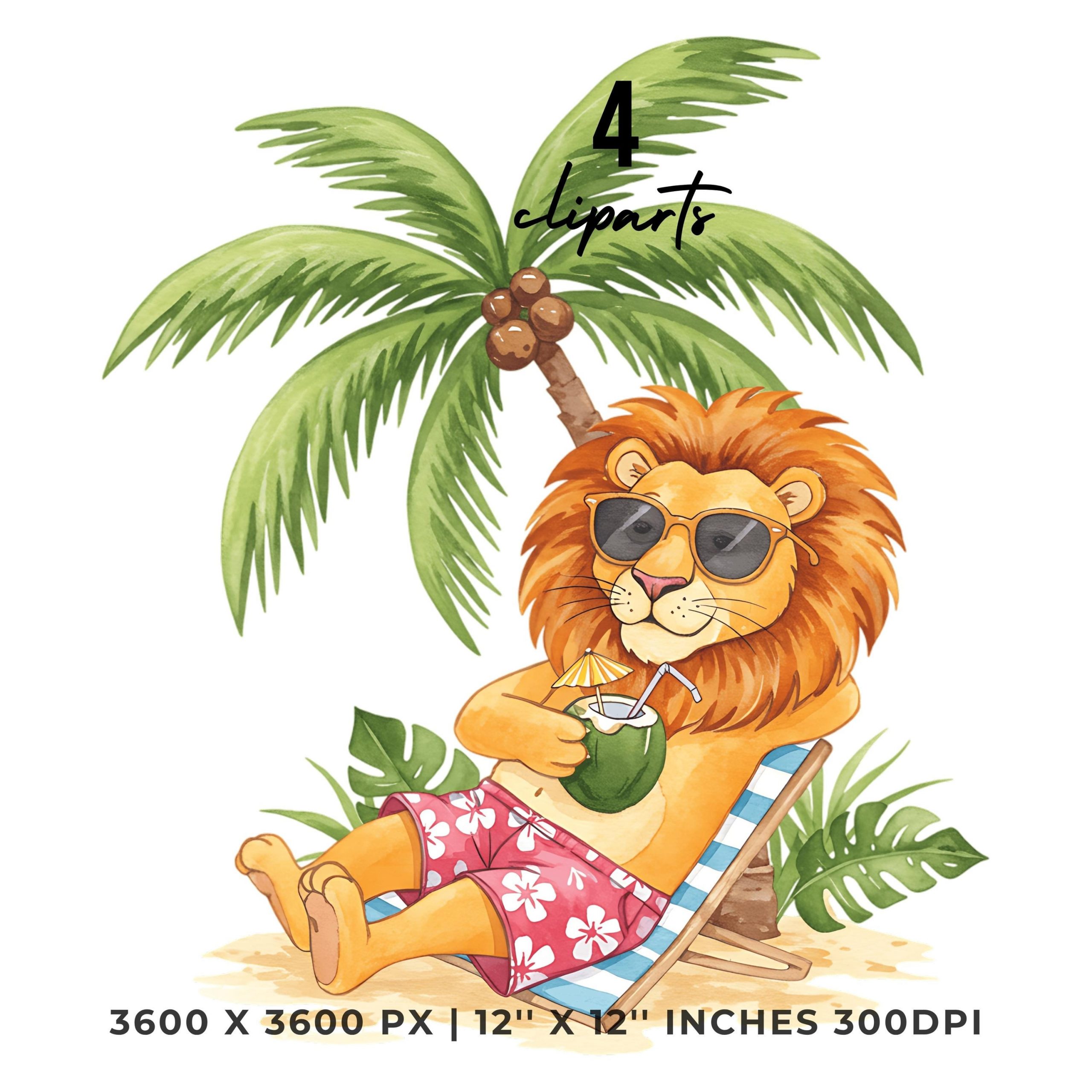 Summer Lion Clipart PNG | 4 Watercolor Lion under palm tree with a coconut drink and sunglasses, in summer | Sublimation Commercial Use – Instant Digital Download