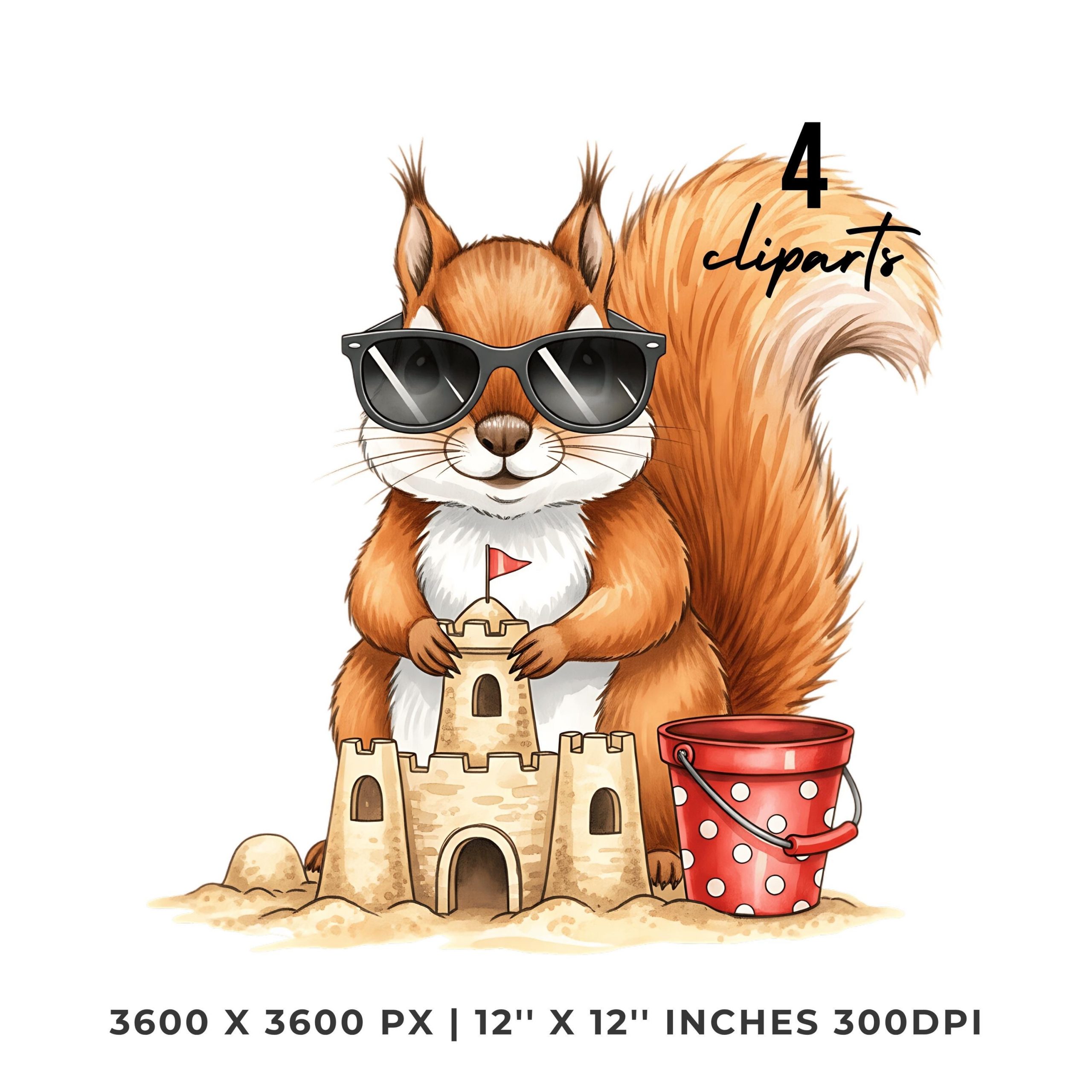 Summer Squirrel Clipart PNG | 4 Watercolor Squirrel wearing Sunglasses building a Sandcastle at the Beach | Sublimation Commercial Use – Instant Digital Download